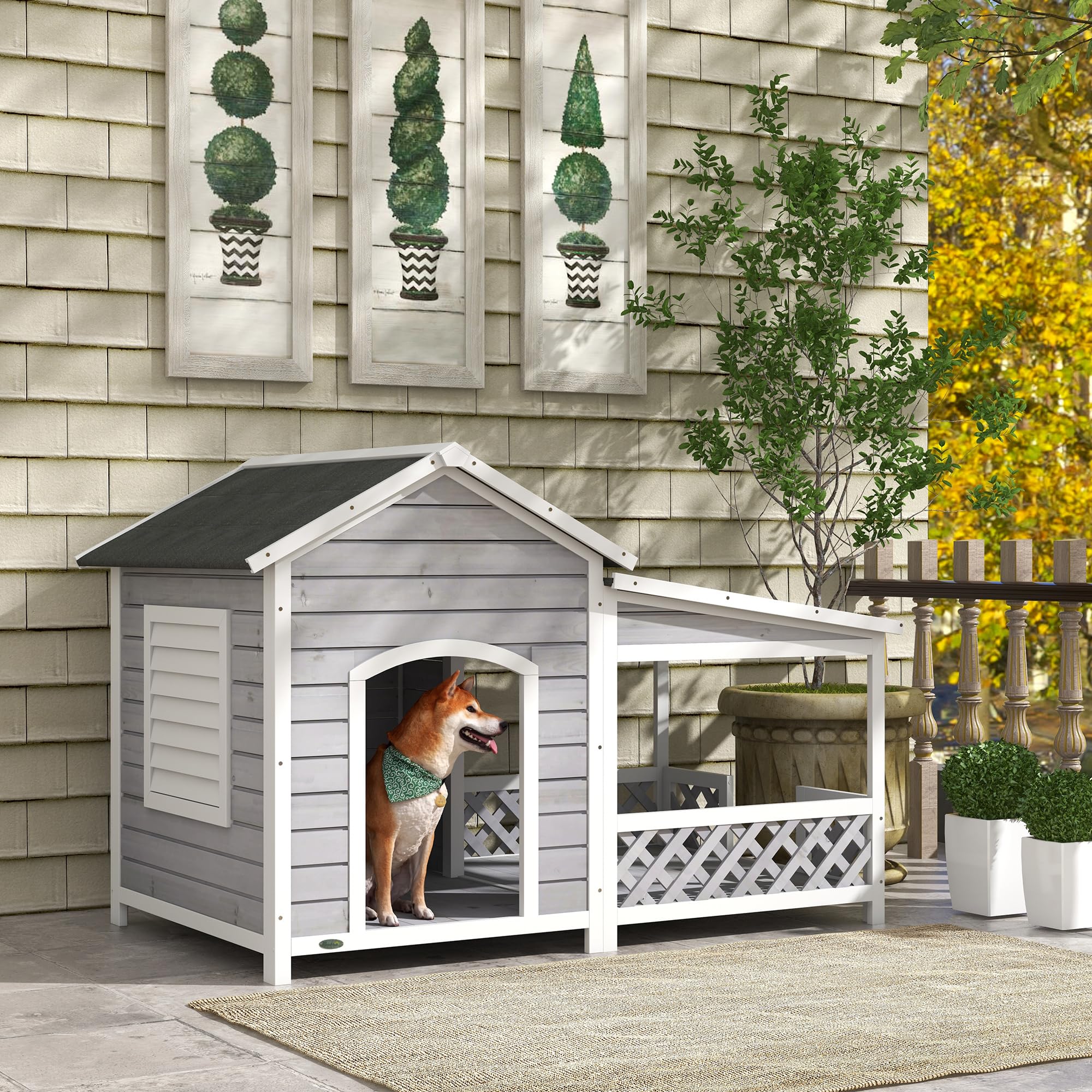 Pawhut Wooden Dog House Outdoor With Porch, Cabin Style Raised Dog Shelter With Asphalt Roof, Doors, And Shutter Window, For Med