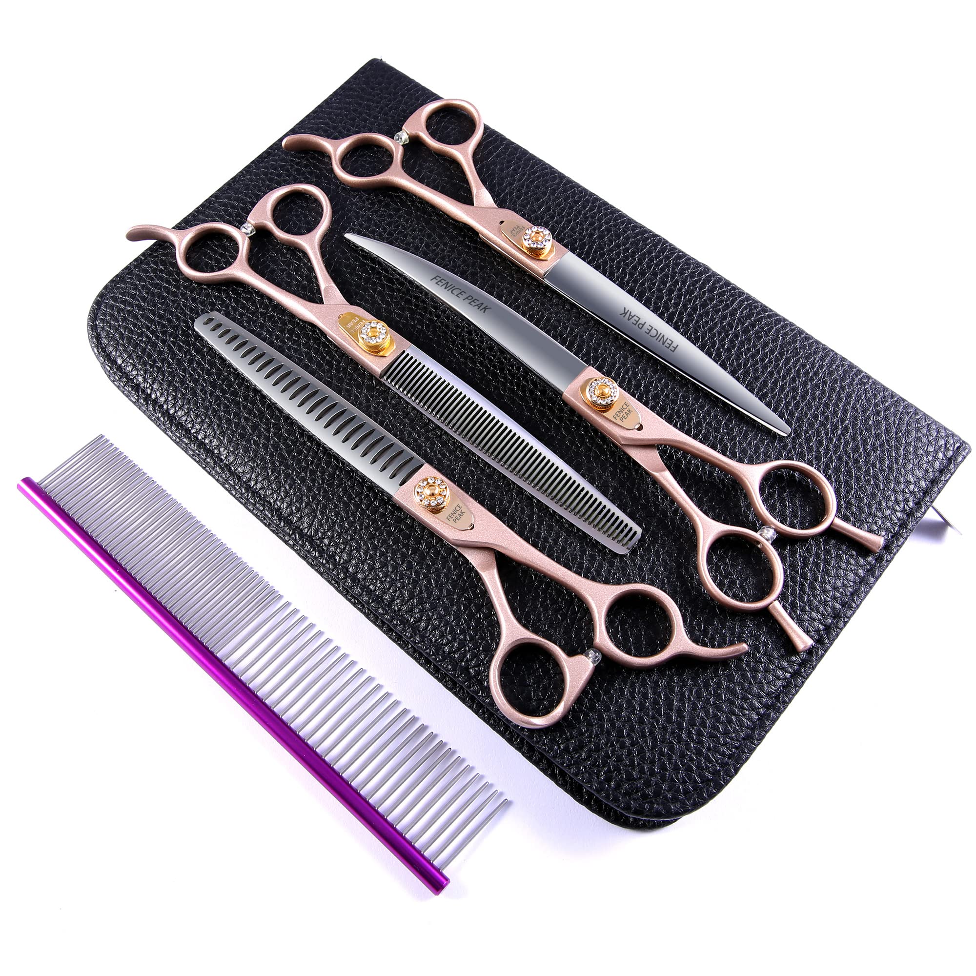 Fenice Peak 7.5‘’ Professional Dog Grooming Scissors Set Rose Gold 440C Stainless Steel Straight Thinning Curved Chunker Shears 4Pcs Set For Pet Grooming Services Dogs And Cats
