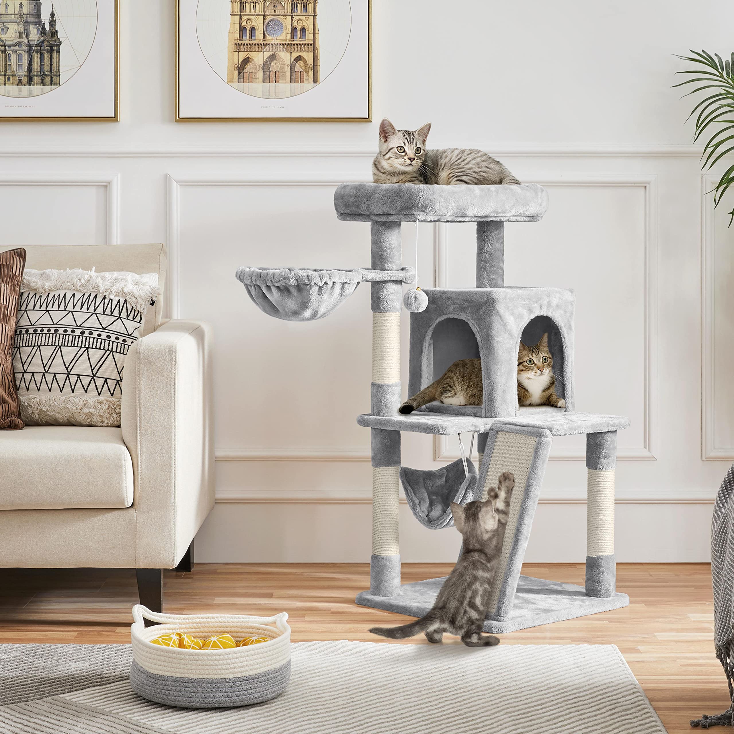 Yaheetech Cat Tree Cat Tower, 40-Inch Cat Condo With Oversized Soft Platform, Scratching Board, Basket And Hammock, Cat Furniture For Kittens Cats Pets, Light Gray