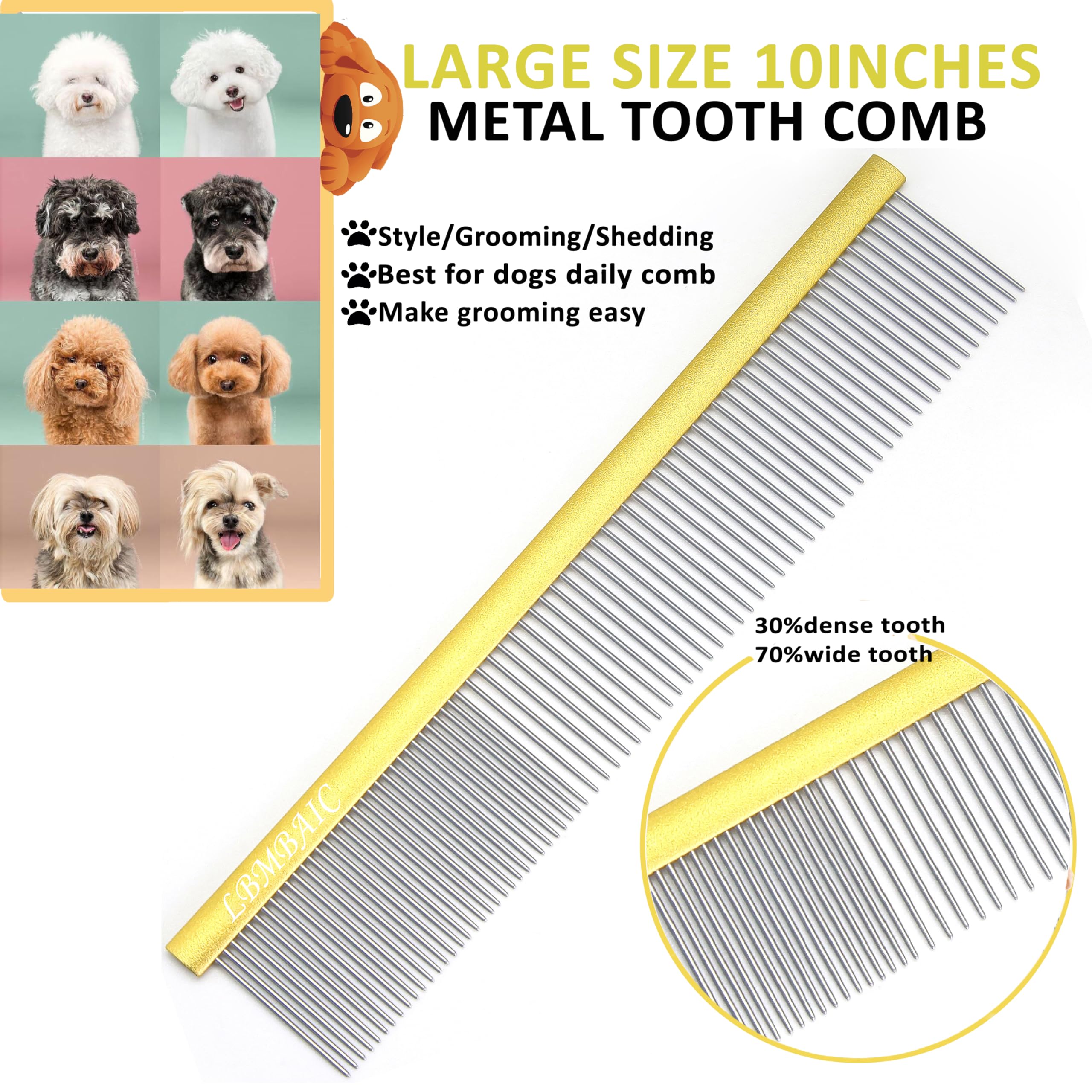 Lbmbaic 10Inches Large Dog Grooming Comb For Shedding Matted Hair For Large Dogs Metal Dog Comb With Long Wide Tooth Comb For Poodles And Goldendoodles Reduce Tangles,Mats And Knots.(Gold)