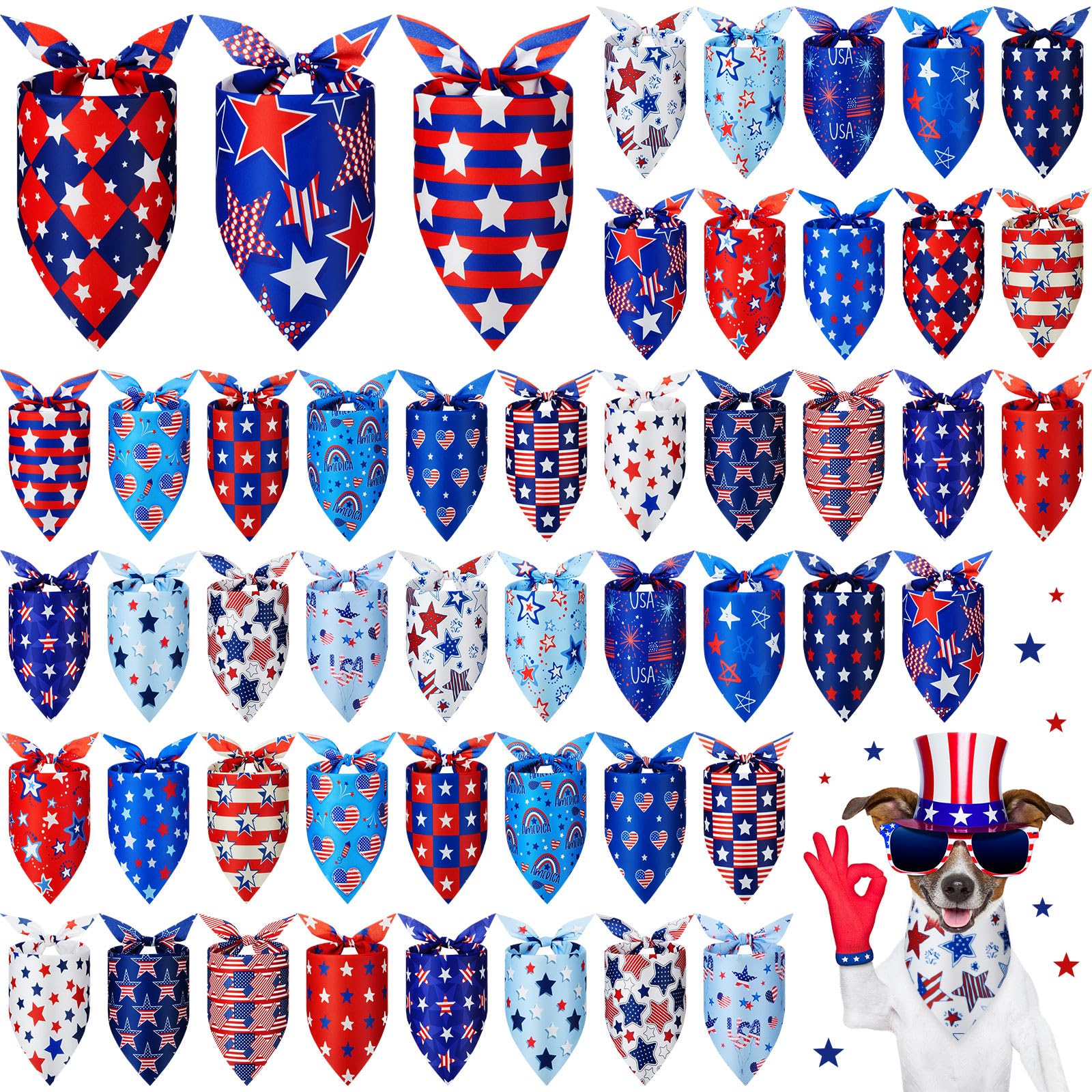 Preboun 50 Pieces Patriotic Dog Bandanas Bulk Star Bandanas For Dog Pet Kerchief Set Triangle Scarf For Memorial Day Puppy Small