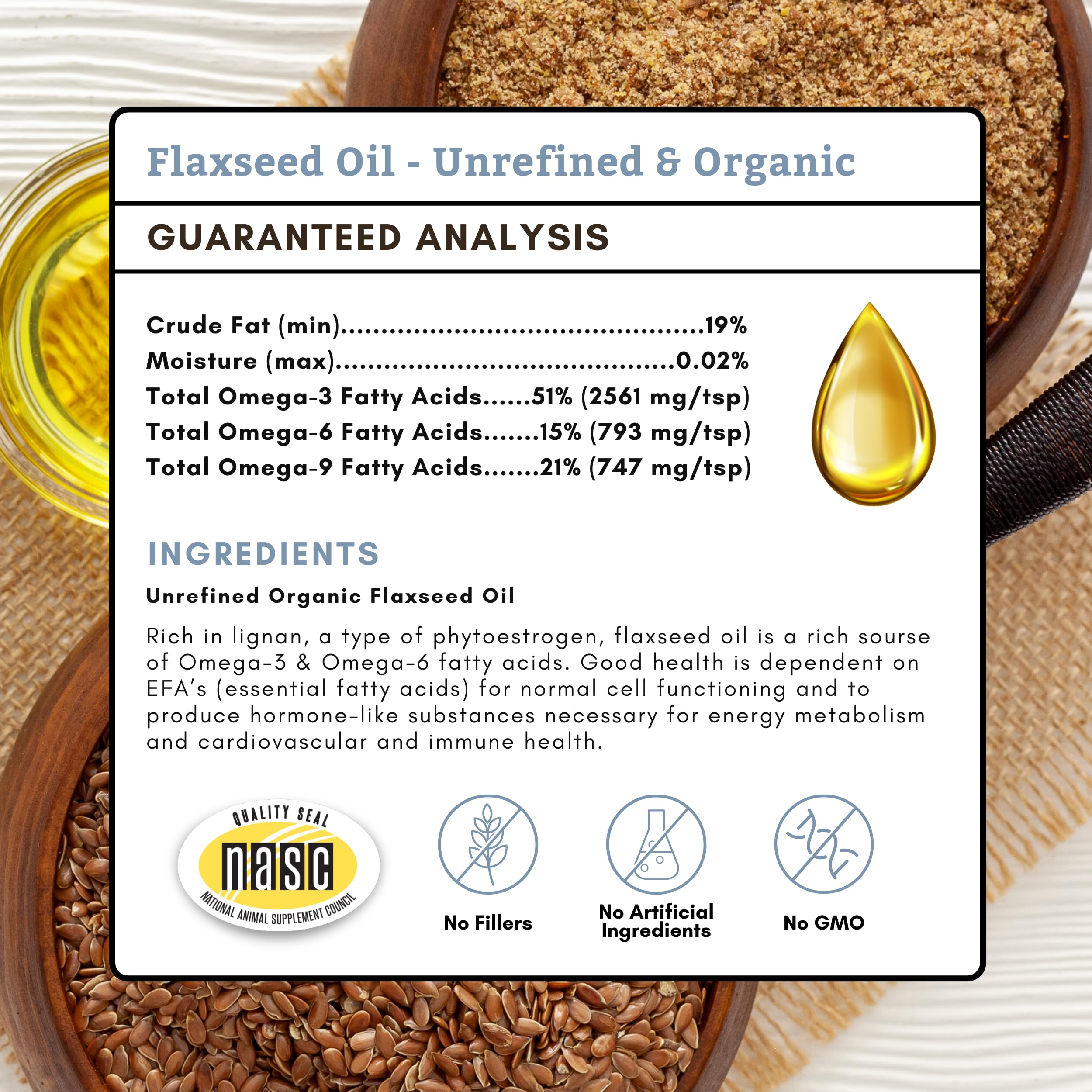 Wholistic Pet Organics Flaxseed Oil for Dogs - 16 Oz - Omega 3 Supplement for Dog Itchy Skin, Dry Skin Relief & Shedding - Skin