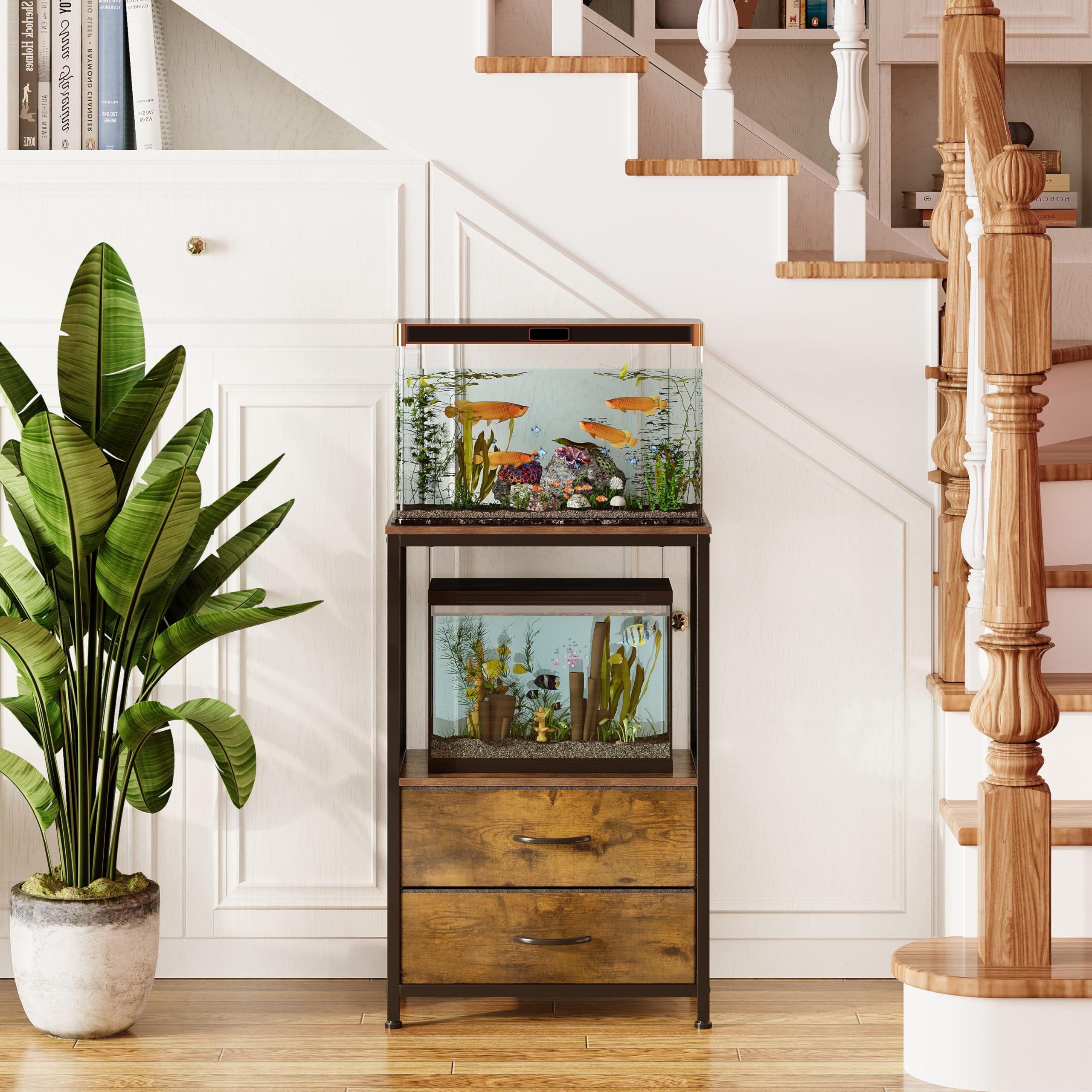 Welfuturer 10 Gallon Aquarium Stand with 2-Tier Shelf Fish Tanks Stand with 2 Drawers Metal Frame Heavy Duty Reptile TurtleTank