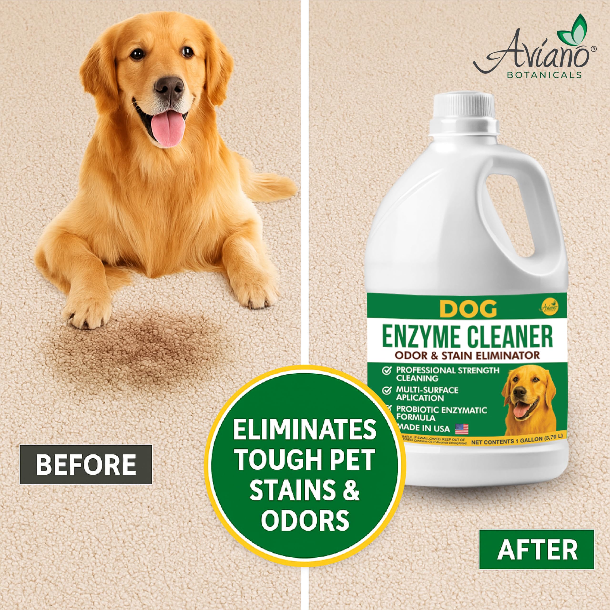 Aviano Enzyme Cleaner for Dog - 1 Gallon - Made in USA - Pet Urine Enzyme Cleaner for Tile, Hardwood, Furniture, Bedding, and Dr