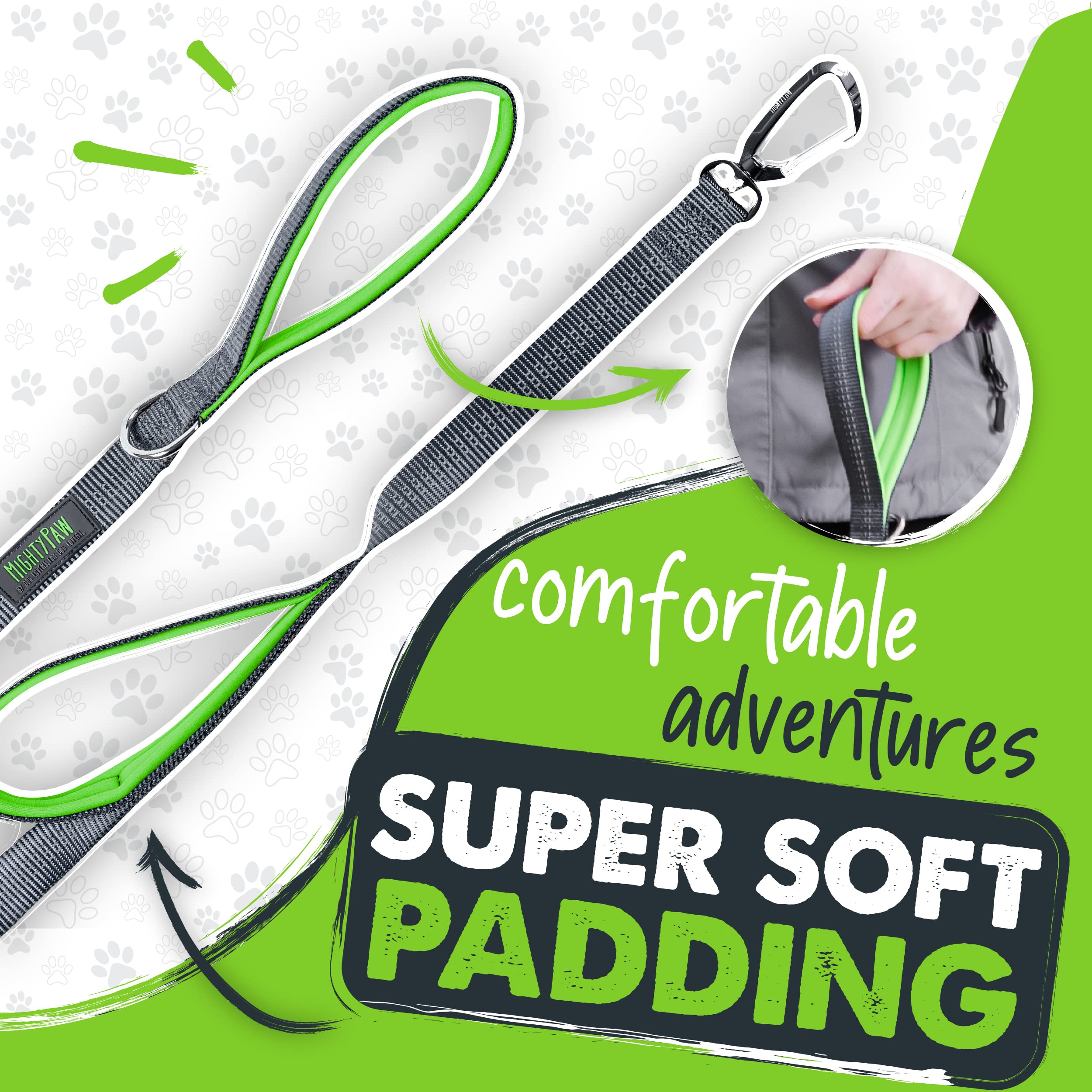 Mighty Paw Two Handle Dog Leash - Built-In Traffic Loop - Carabiner Clip - Double Padded Handles - Suitable For Small To Large P