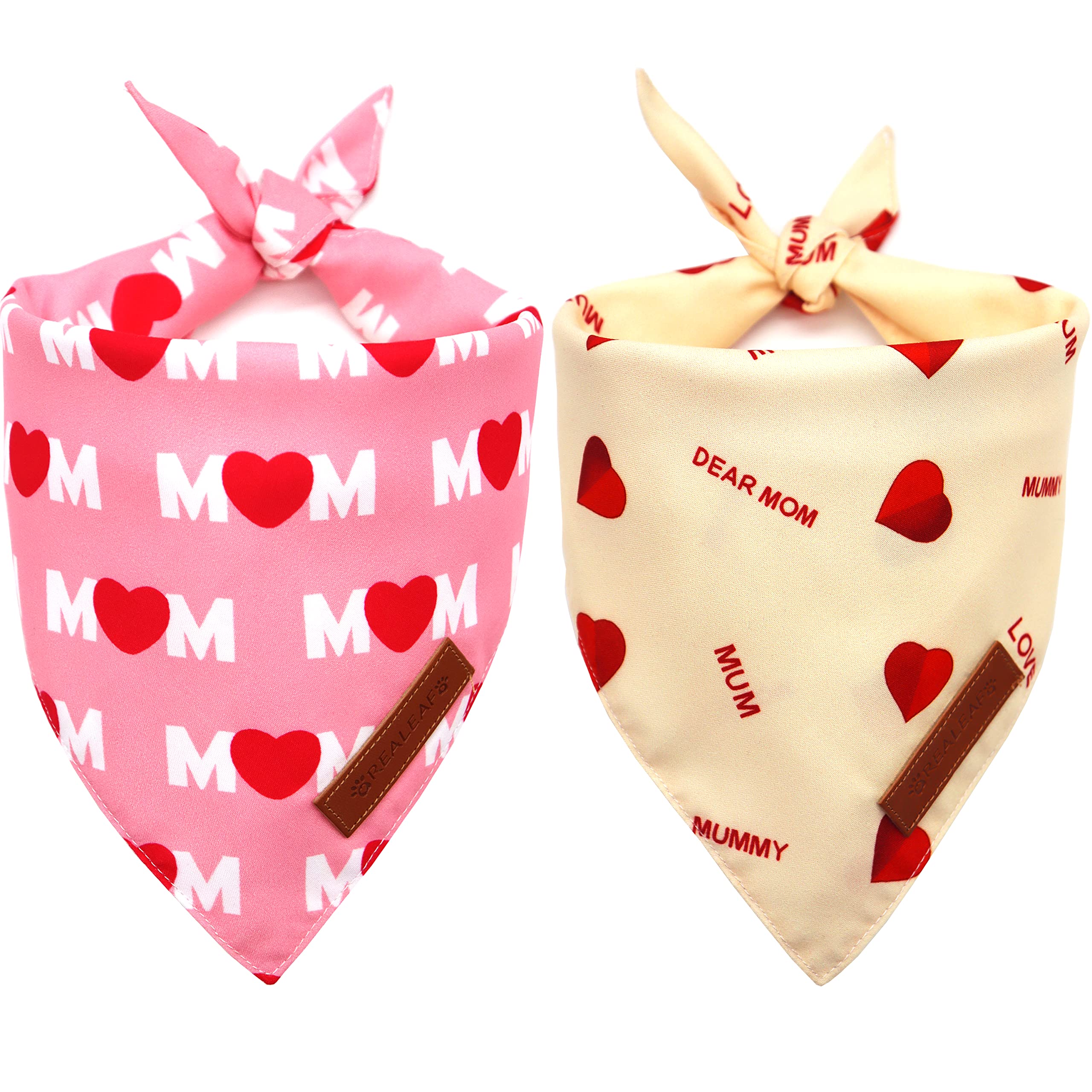 Realeaf Mothers Day Dog Bandanas 2 Pack, Reversible I Love My Mom Pet Scarf For Boy And Girl, Premium Durable Fabric, Valentines