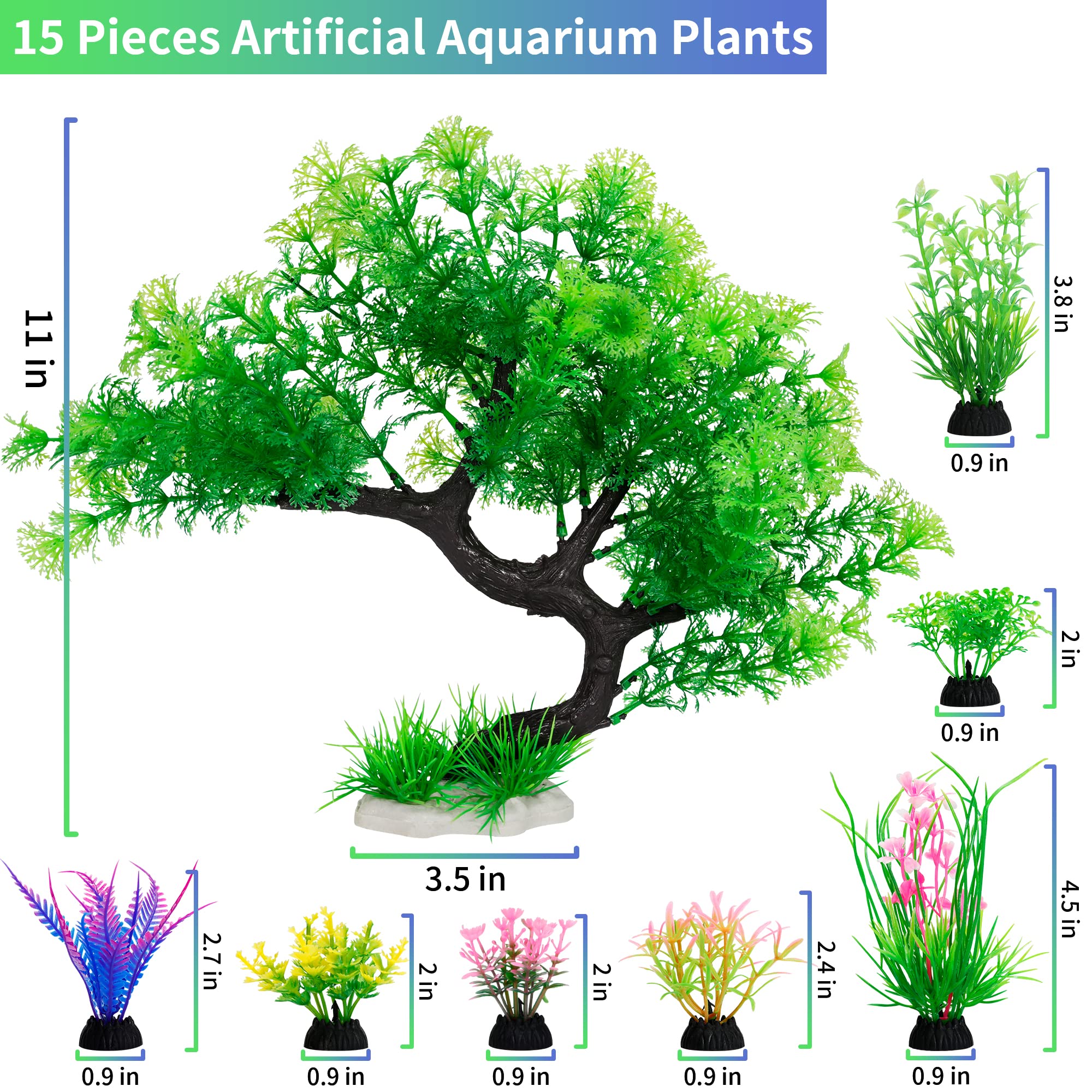 MyLifeUNIT Fish Tank Decorations, 15 Pack Artificial Aquarium Plants Tree Set for Fish Tank Decor (Green Set)