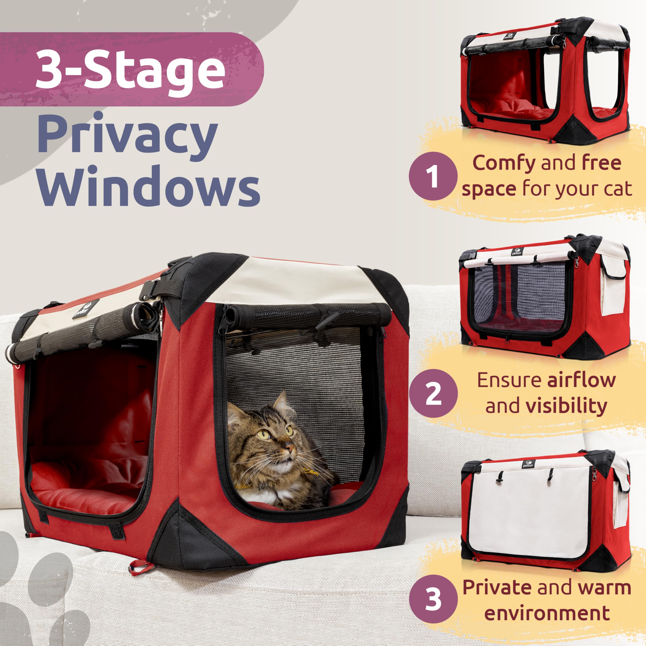 Petluv Large Cat Carrier On Wheels, Dog Carrier For 2 Cats Or Medium Dog, Soft-Sided, Collapsible With Locking Zippers, Red