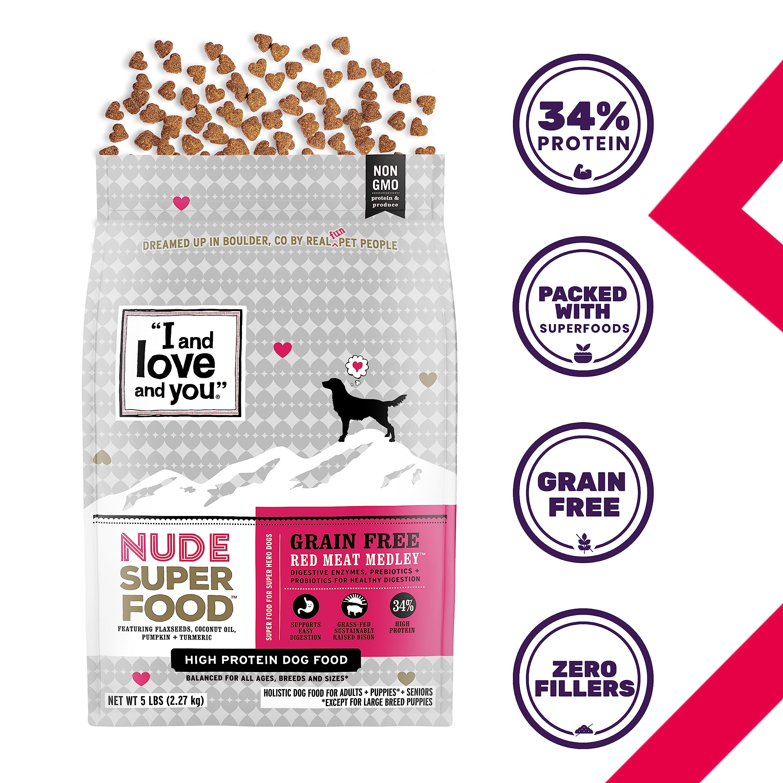 I and love and you Nude Superfood Dry Dog Food - Grain Free Kibble, Prebiotics & Probiotics, Pork, 5-Pound