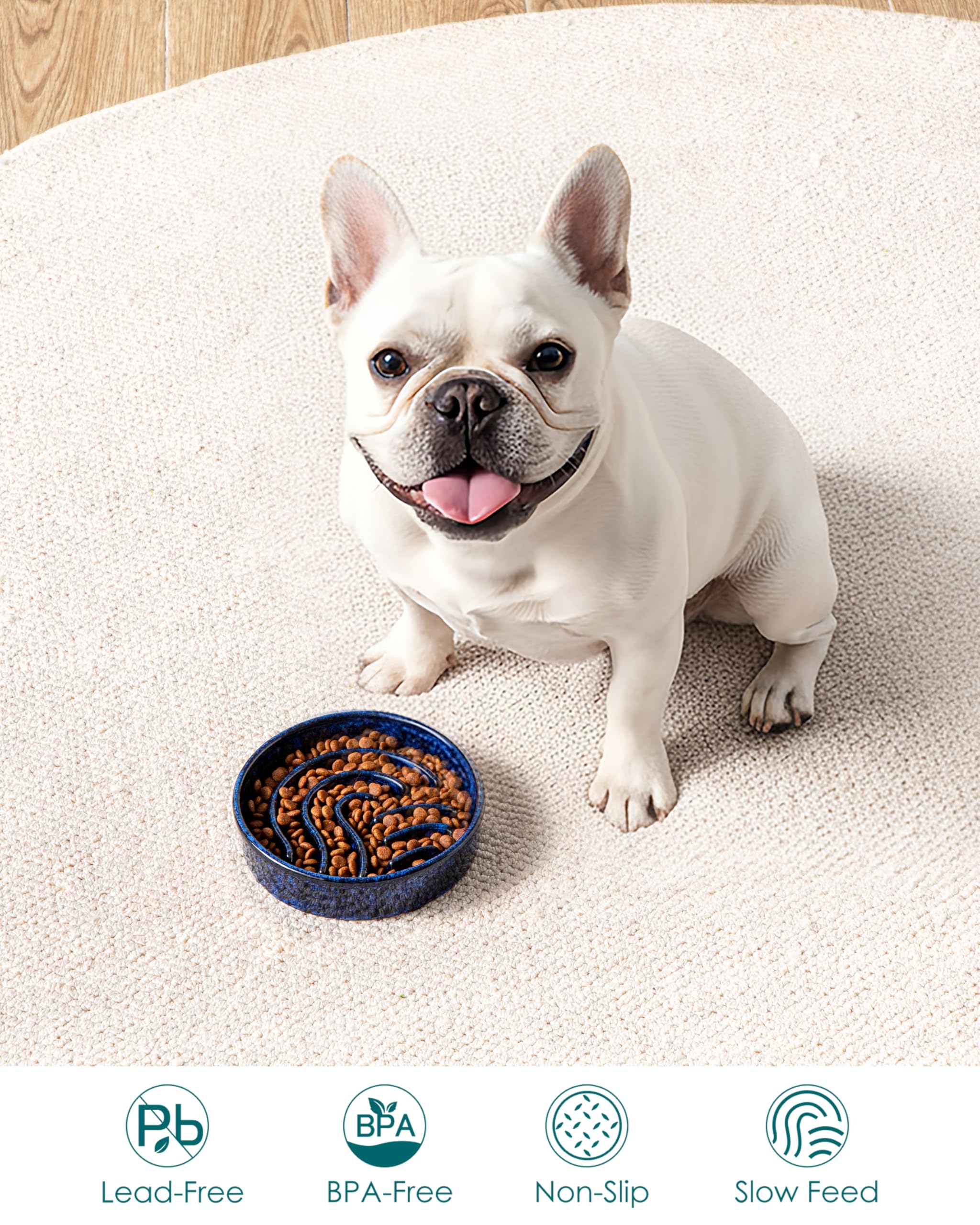 vancasso Slow Feeder Dog Bowl, 0.6 Cup Ceramic Slow Feeding Food Dish for Small Breed, Puzzle Dog Food Bowl for Fast Eater, Blue