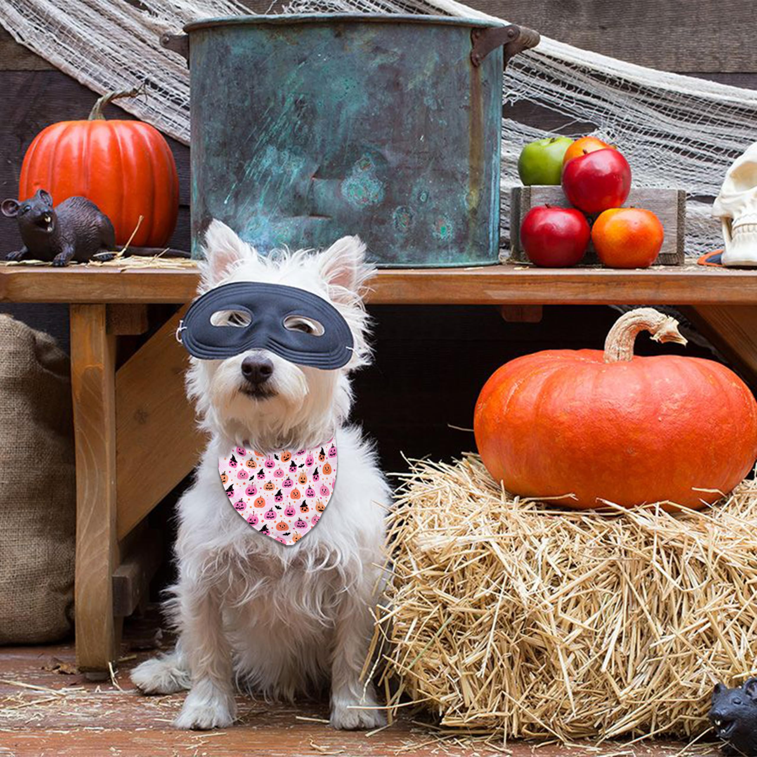 Fall Halloween Dog Bandanas Reversible 2 Pack Small, Pink Pumpkin Ghost Bat Cute Halloween Pet Bandanas For Dogs Adjustable Tria