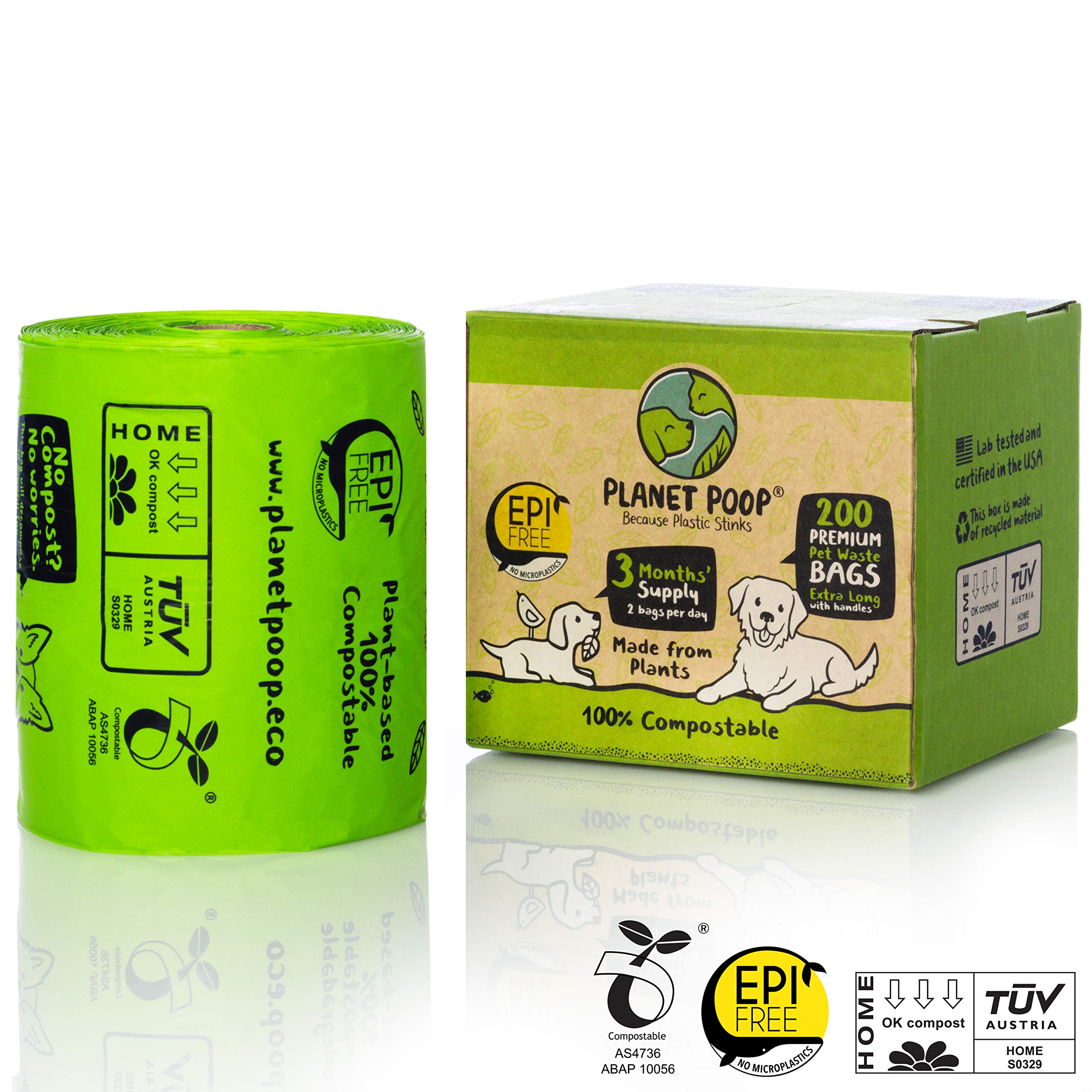 Planet Poop Home Compostable Dog Poop Bags Extra Long With Handles | Large Single Roll 200 Grab & Go | Un-Scented Dog Waste Bag