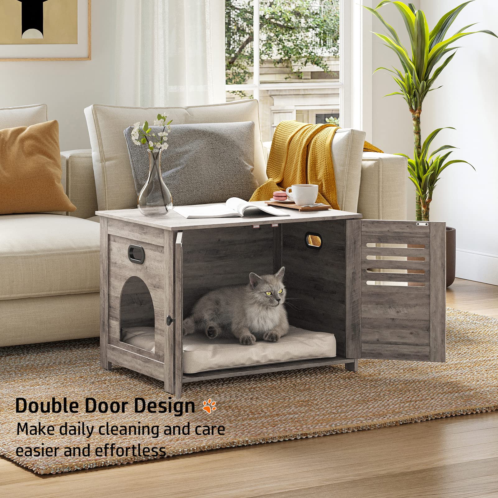 Dinzi Lvj Litter Box Enclosure, Cat Litter House With Louvered Doors, Entrance Can Be On Left Or Right Side, Spacious Hidden Cat Washroom For Most Of Litter Box, Cat Furniture Cabinet, Greige