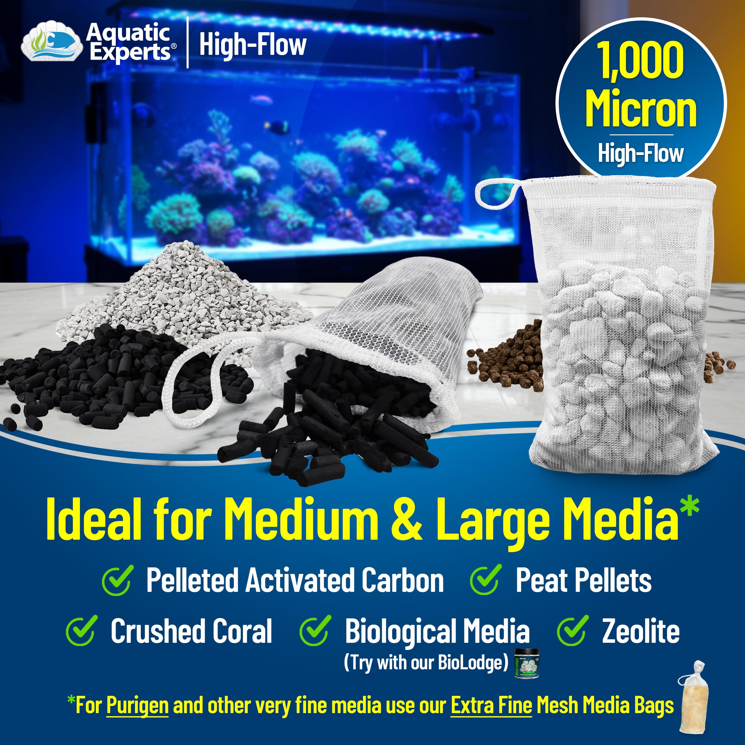 Aquatic Experts High Flow Mesh Filter Media Bags - Aquatic Bags For Filter Media (High Flow, 3' X 4' - 4 Pack)