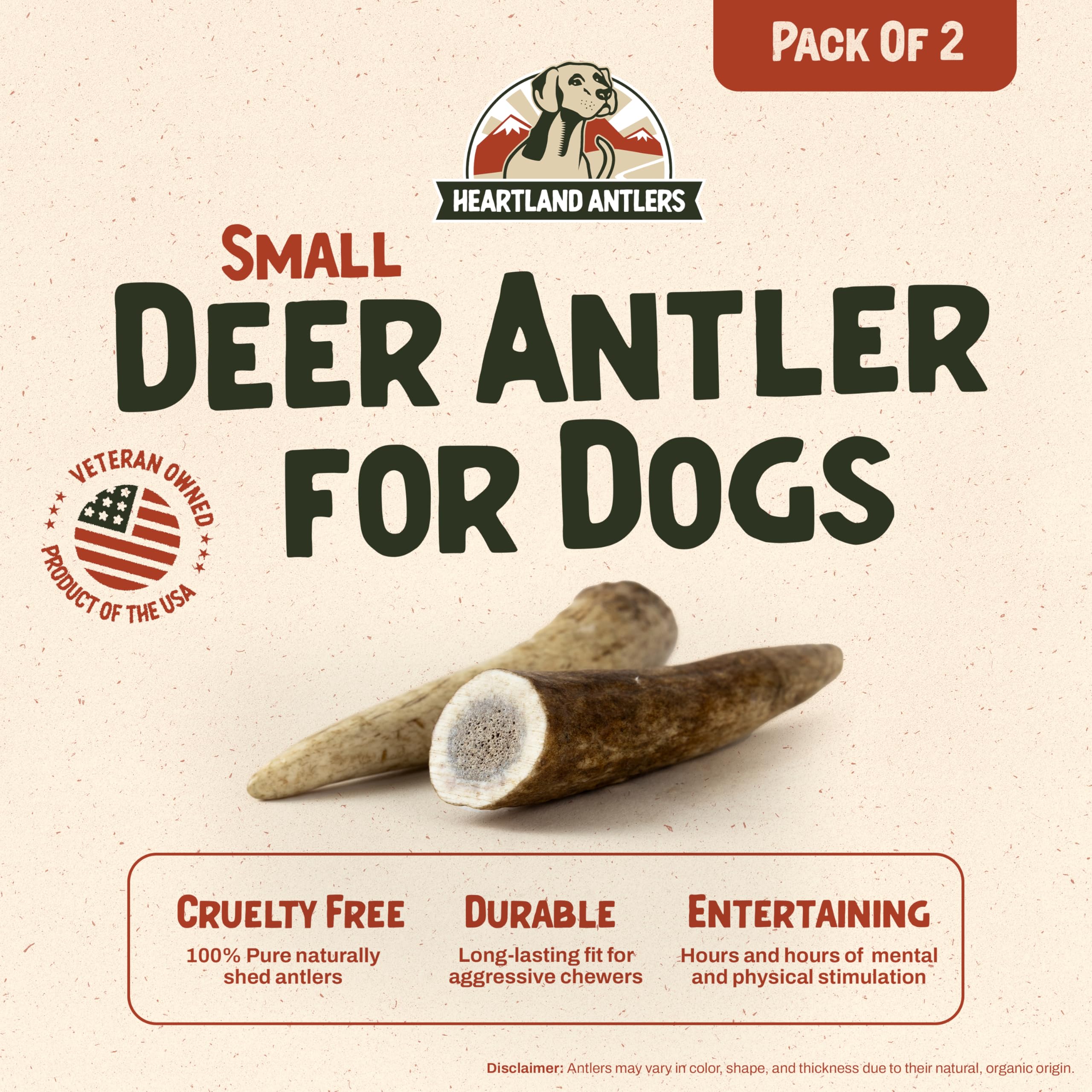 Heartland Deer Antlers For Dogs (Small, 4-5', Deer, 2-Pack) - Grade A, Naturally Shed | Odor-Free Chew Toy For Puppies & Aggres