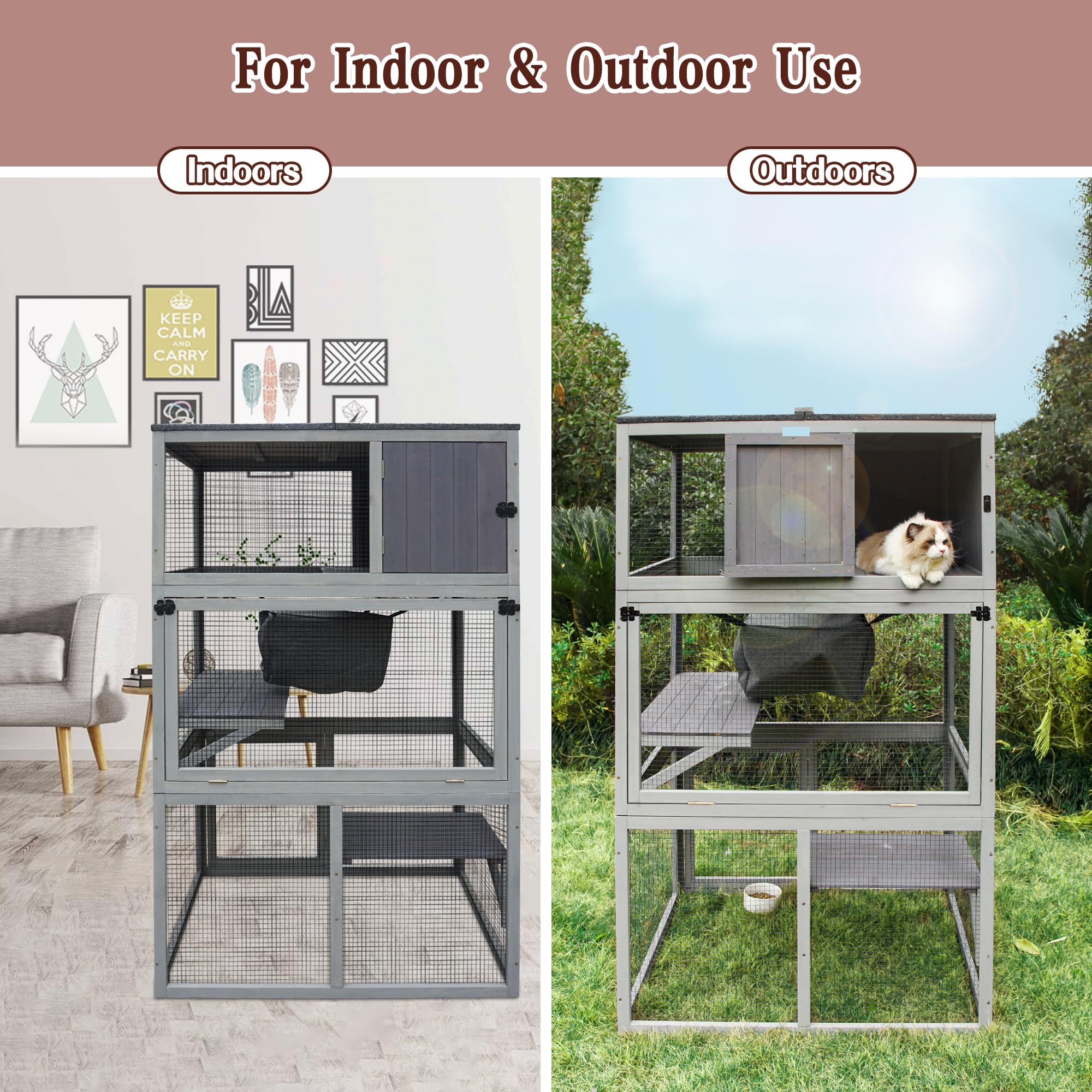 Wooden Cat House Outdoor Cat Enclosure With 3 Floors And Weatherproof Roof Indoor Large Cat Catio For Cats With Hammock & Resting Box