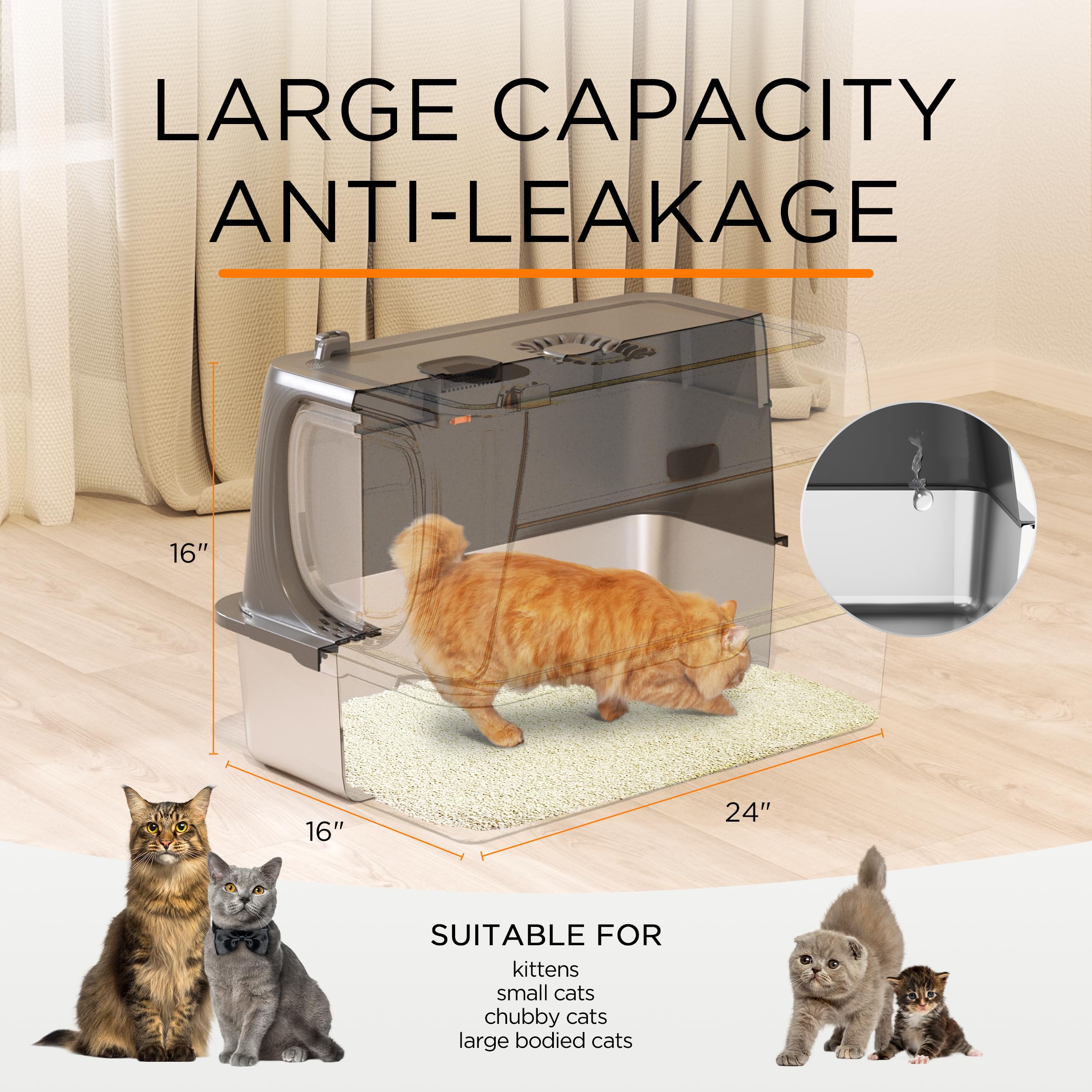 Citylife Stainless Steel Cat Litter Box With Lid,Xl Extra Large Enclosed Removable Metal Litter Box With Litter Scoop&Double Lay