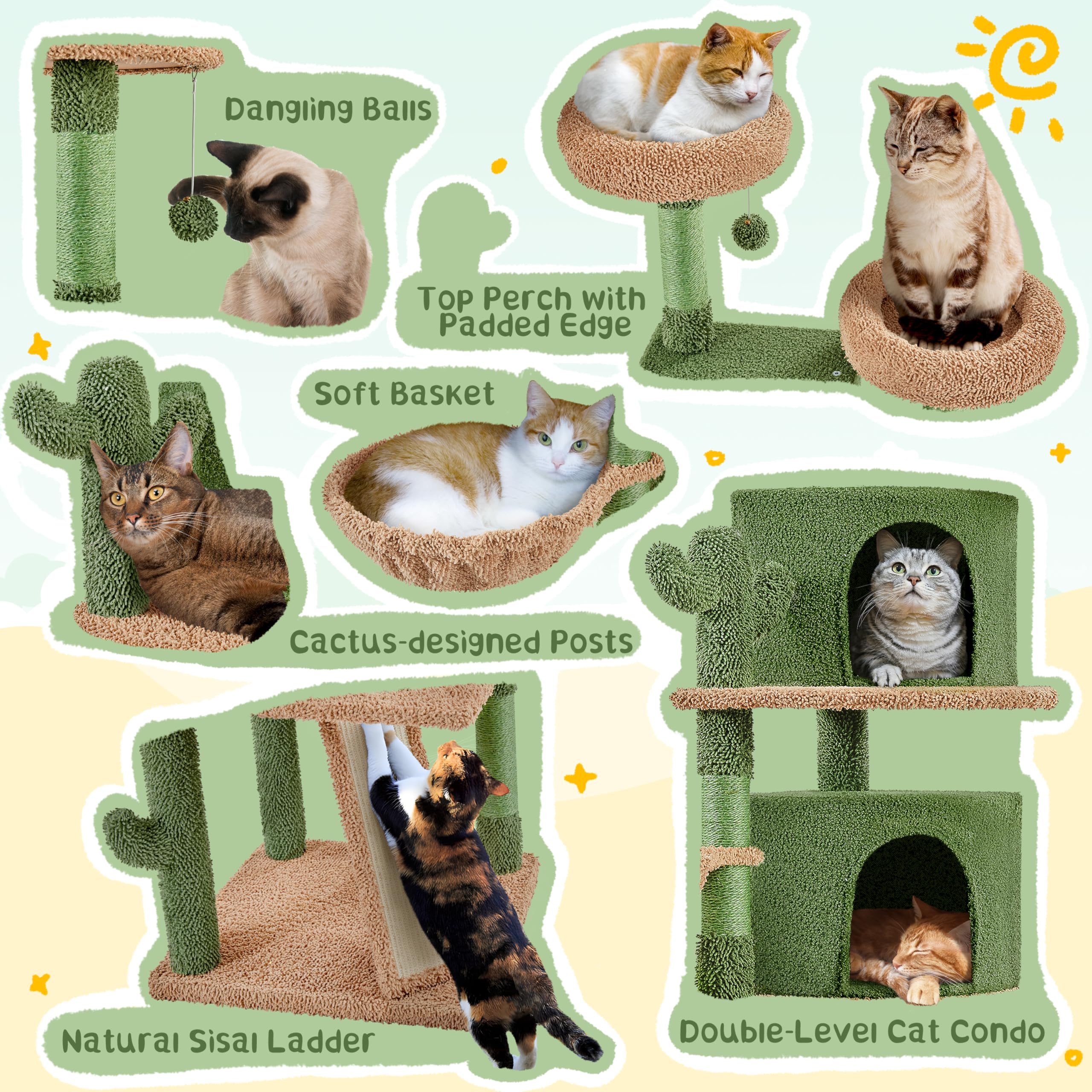 Yaheetech Cactus Cat Tree, 66?H Cat Tower For Indoor Cats, Multi-Level Cat Tree With Large Condos & Ramp, Pet Play House With Pa