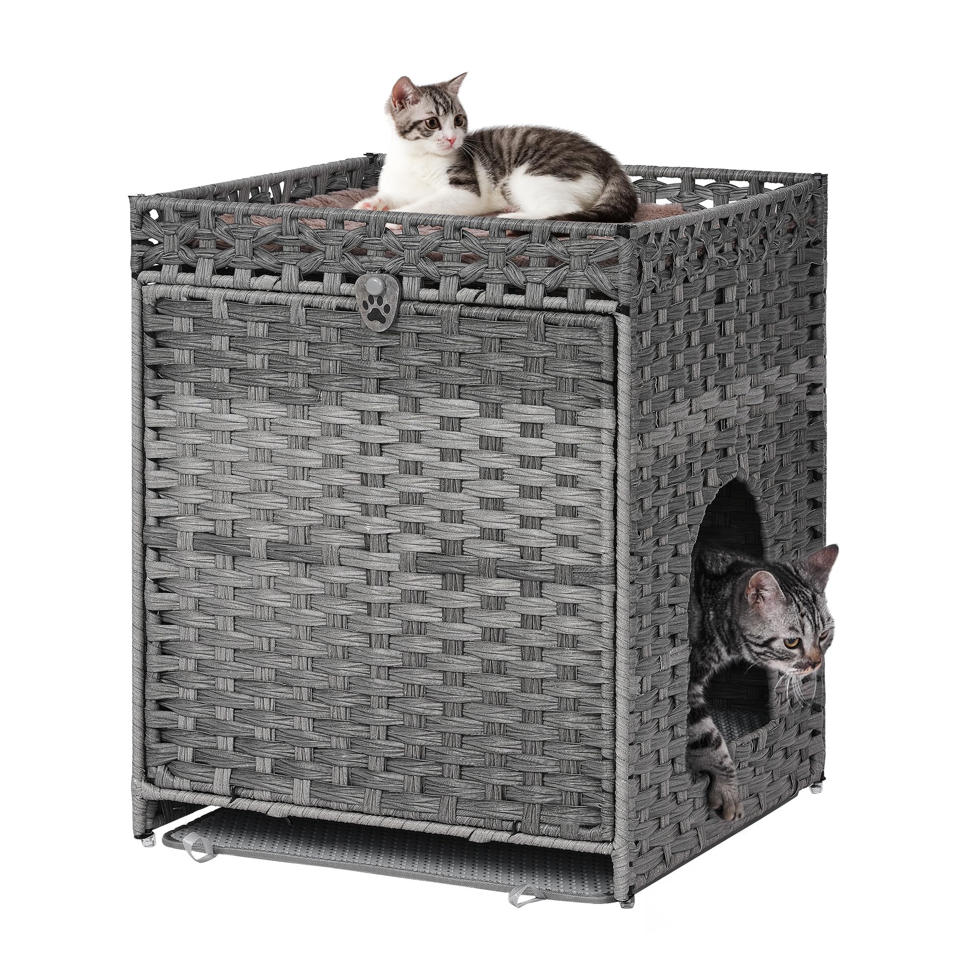 Cat Litter Box Enclosure With Soft Litter Mat; Hidden Kitten Washroom Furniture With Door; Handwoven Rattan Cat House; Pet Crate