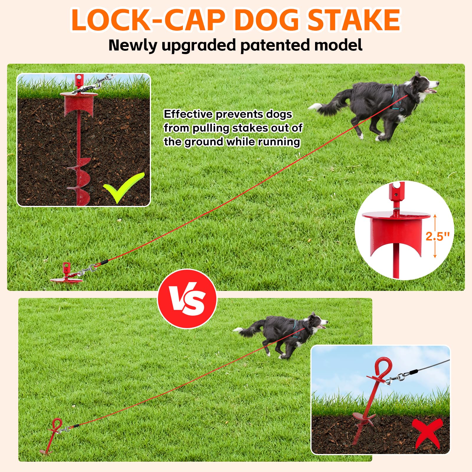 Snagle Paw Dog Tie Out Cable & Stake With Lock Cap - 20Ft Heavy Duty Rust Proof Cable, 360 Swivel Dog Yard Leash & Stake Up To 2