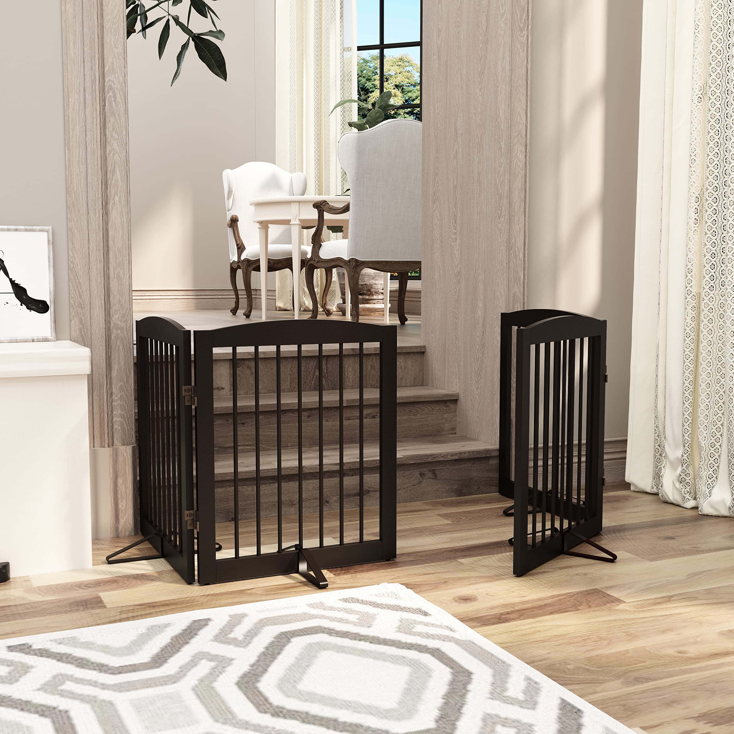 PUPETPO Freestanding Pet Gate for Dogs, Foldable Wooden Dog Gate for House, Indoor Pet Barrier for Stairs, Doorways, Support Fee
