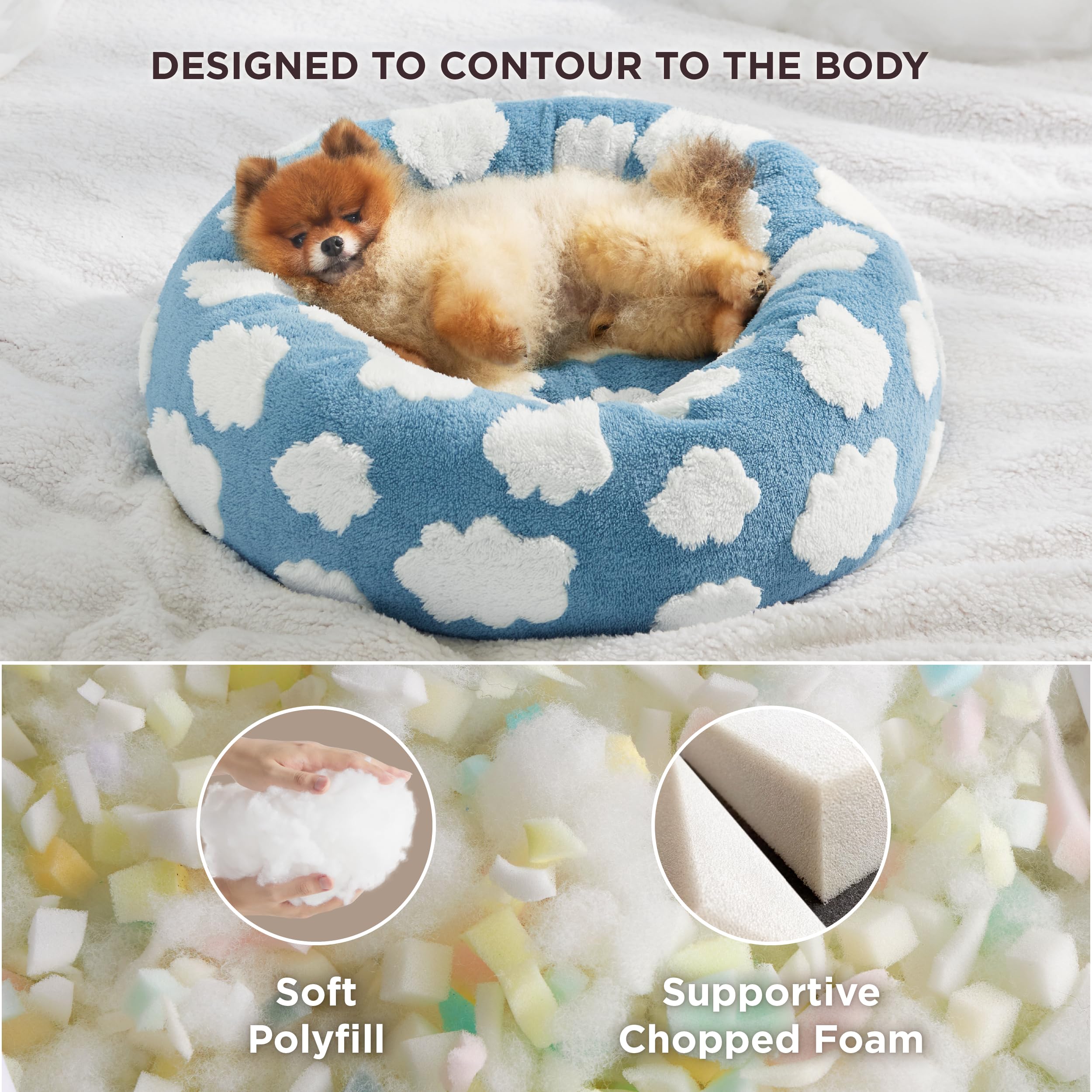 LE SURE Donut Dog Bed for Small Dogs - 23 Cozy Clouds Blue, Washable Plush Cat Bed with Anti-Slip Bottom, Modern Design