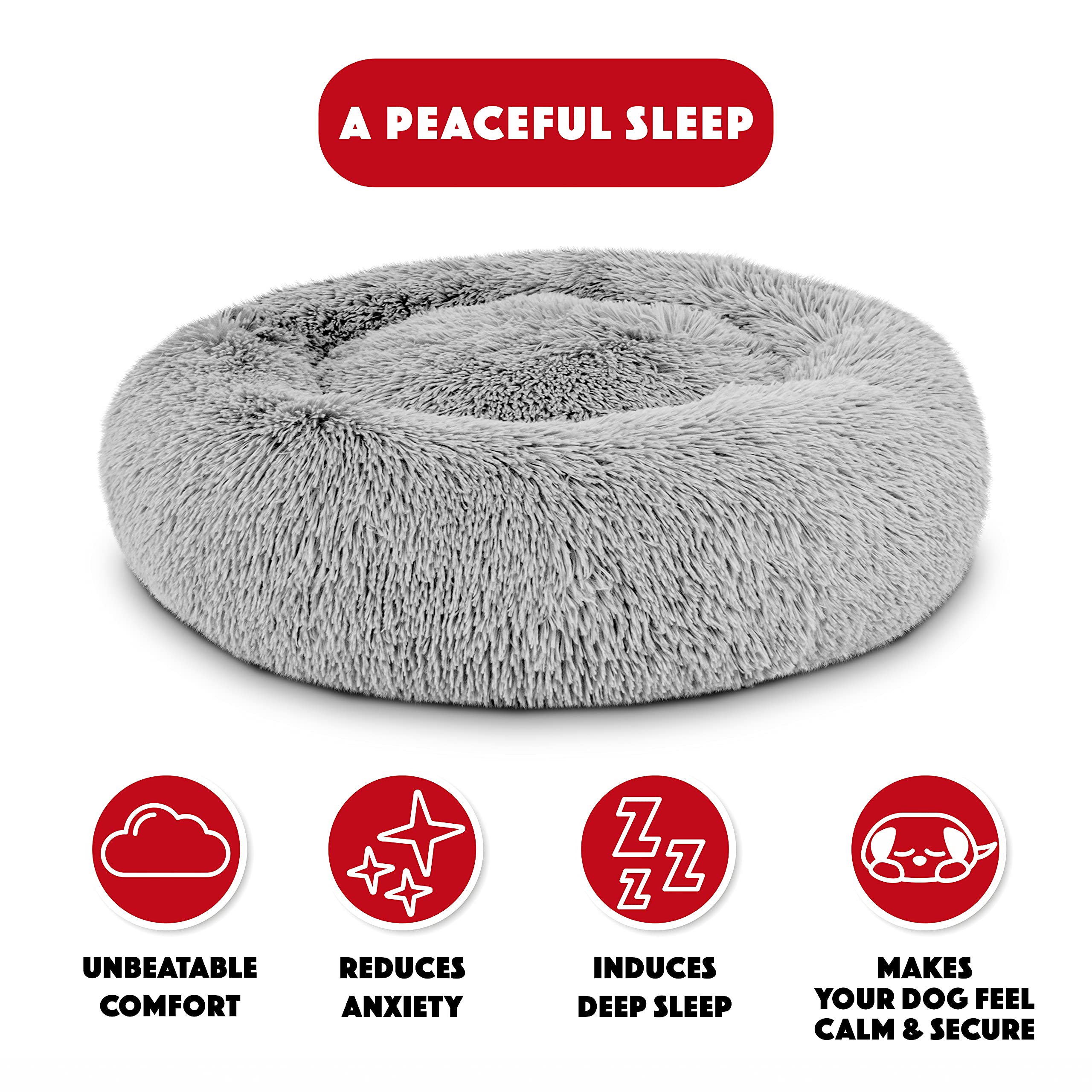 The Dogs Bed Sound Sleep Donut Dog Bed, Med Silver Grey Fur Calming Nest Bed, Veterinary Approved