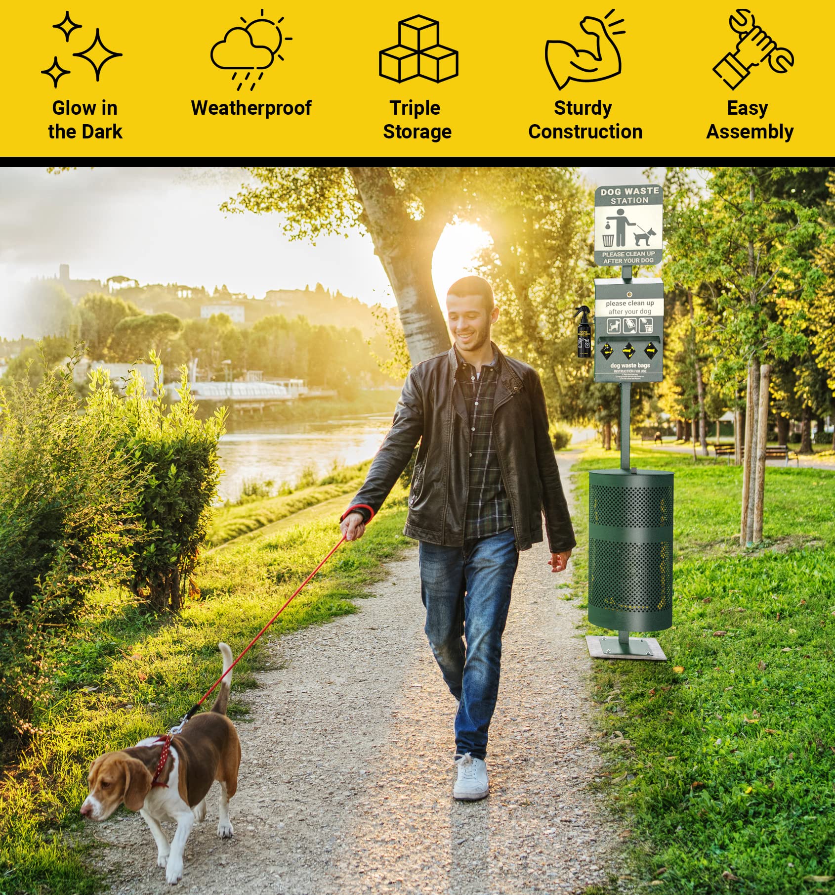 Pet Waste Station - Includes 600 Roll Bags & 50 Can Liners - Original Glow In The Dark Dog Waste Station With Dog Poop Sign, Bag Dispenser, Hand Sanitizer Bottle & Outdoor Trash Can With Lid