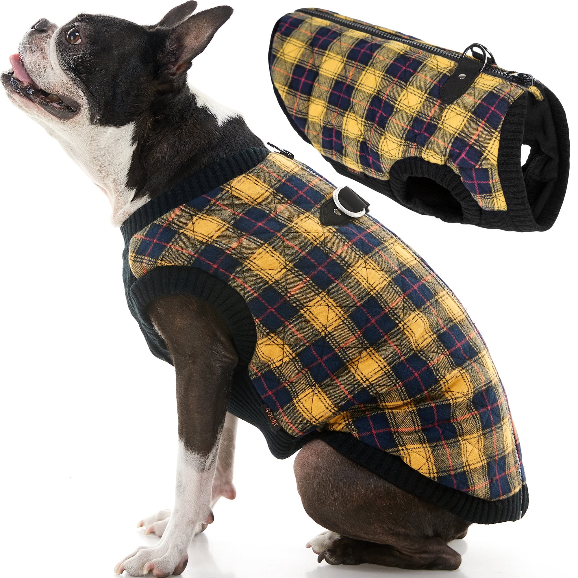 Gooby Fashion Vest Check Dog Jacket - Yellow Check, Large - Warm Zip Up Bomber Vest Dual D Ring Leash - Winter Water Resistant S