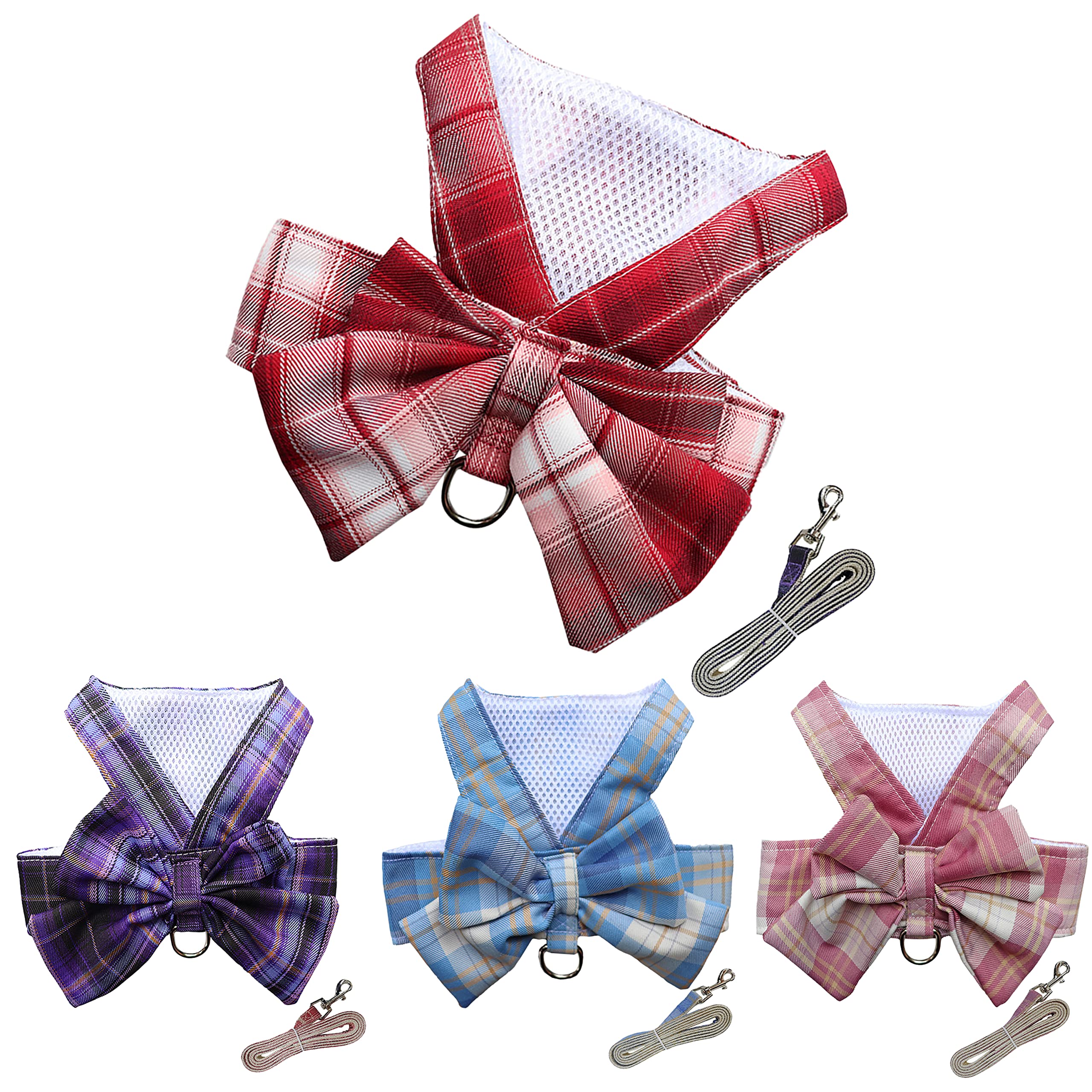 Petbuy Plaid Dog Dress Bow Tie Harness Leash Set,Dog Clothes Harness Dress With Leash Ring For Small Dogs Girl, Puppy Princess R