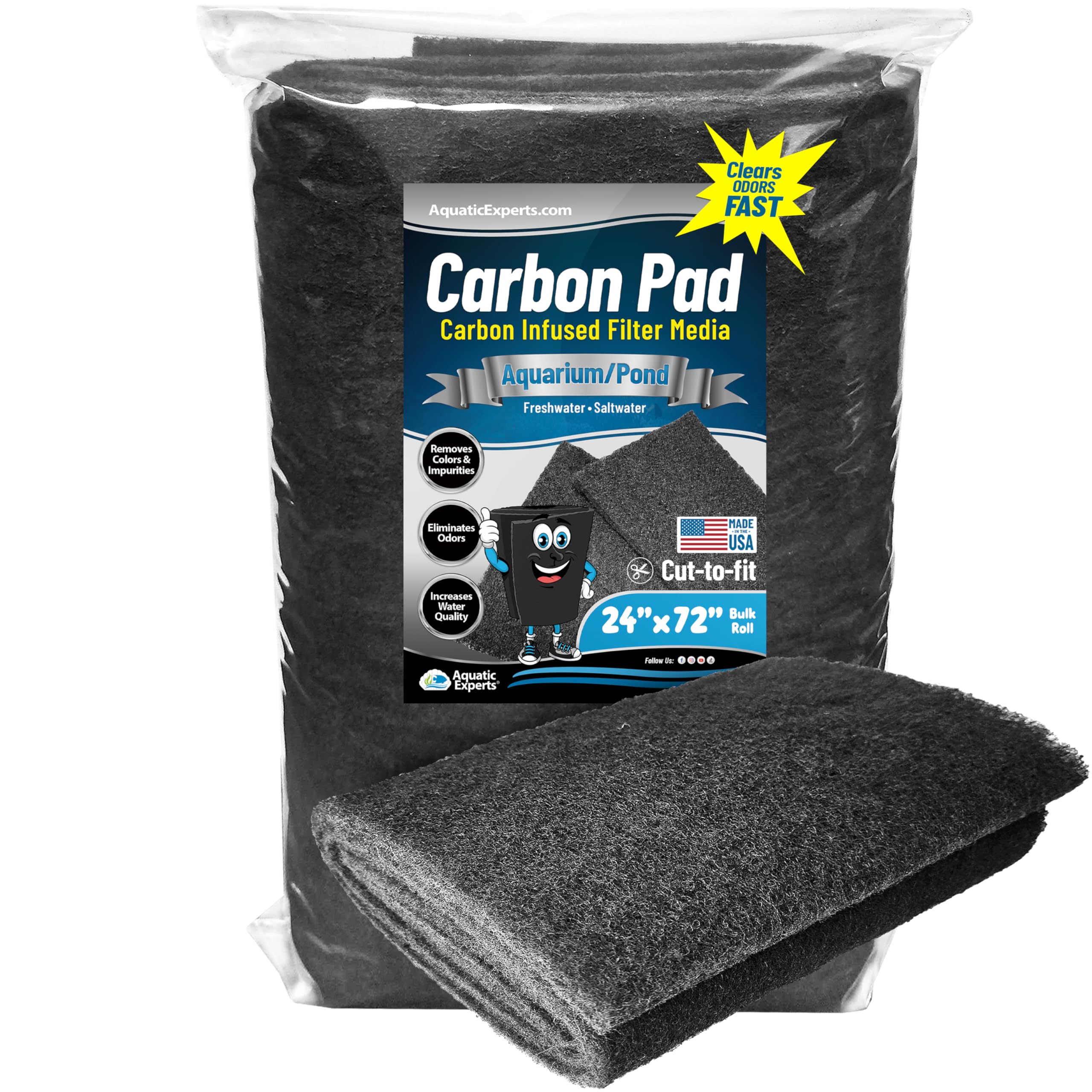 Aquarium Carbon Pad - Cut to Fit Carbon Infused Filter Pad Media for Crystal Clear Fish Tank and Ponds (24 Inch Width, 72 Inch L