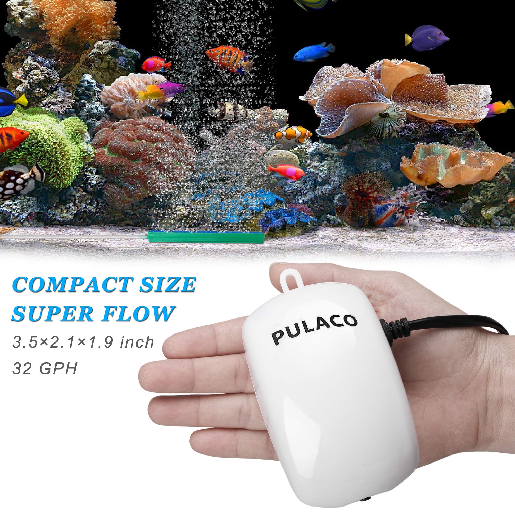Pulaco Ultra Quiet Mini Aquarium Fish Tank Air Pump For 1-20 Gallon Fish Bowl With Air Tube Air Bubbler Stone Check Valve