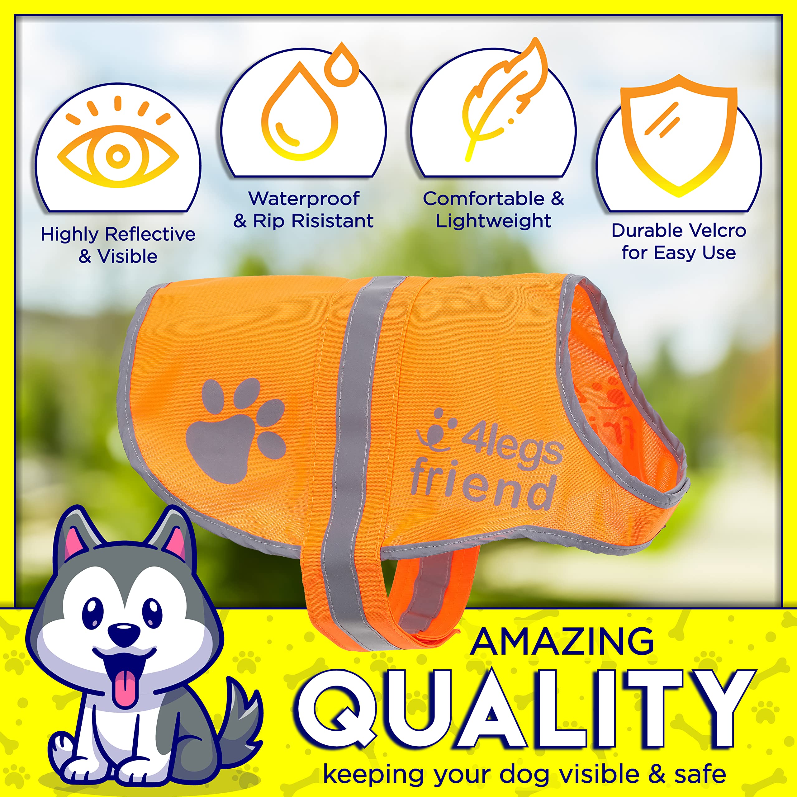 4Legsfriend Dog Safety Orange Reflective Vest With Leash Hole 5 Sizes - High Visibility For Outdoor Activity Day And Night, Keep Your Dog Visible, Safe From Cars & Hunting Accidents