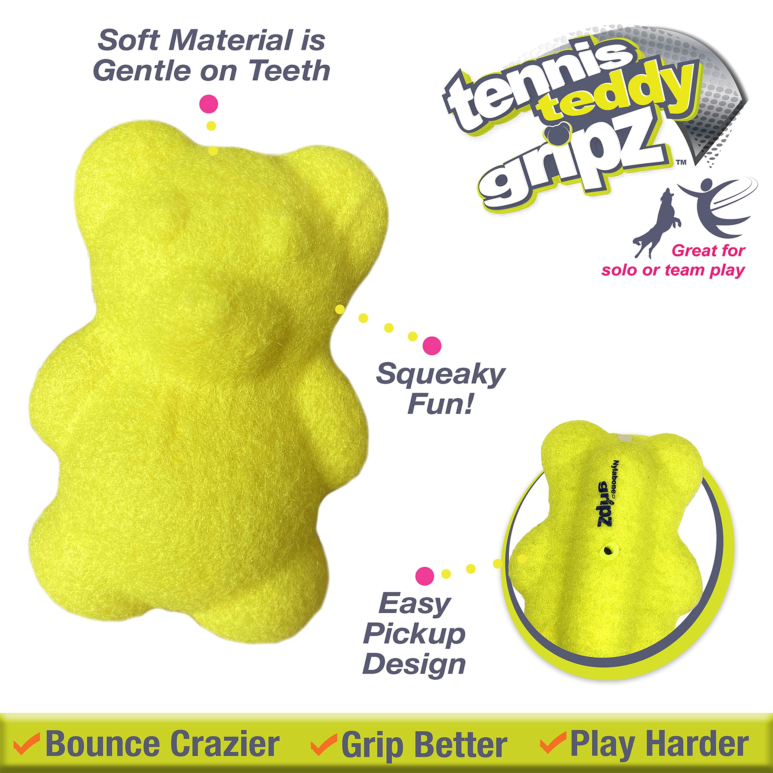 Nylabone Power Play Tennis Ball Teddy Bear Gripz Felt Rubber Fetch Toy, Squeaky Toys For Dogs, Medium (1 Count)