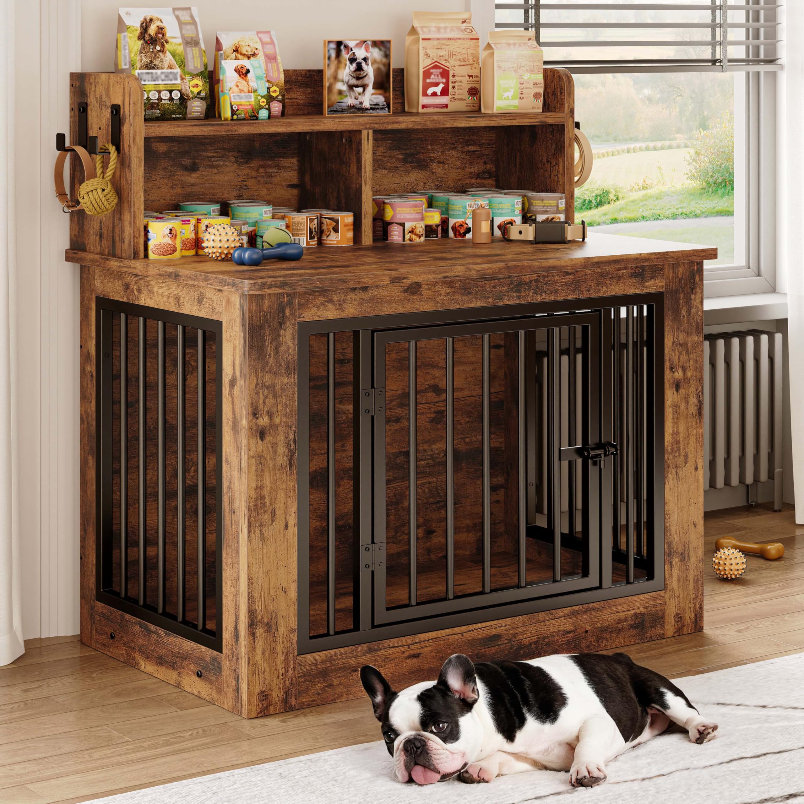 IRONCK Dog Crate Furniture, Wooden Heavy Duty Dog Kennl with Storage and 4 Hooks, Dog Furniture for Small Medium Size, Decorativ