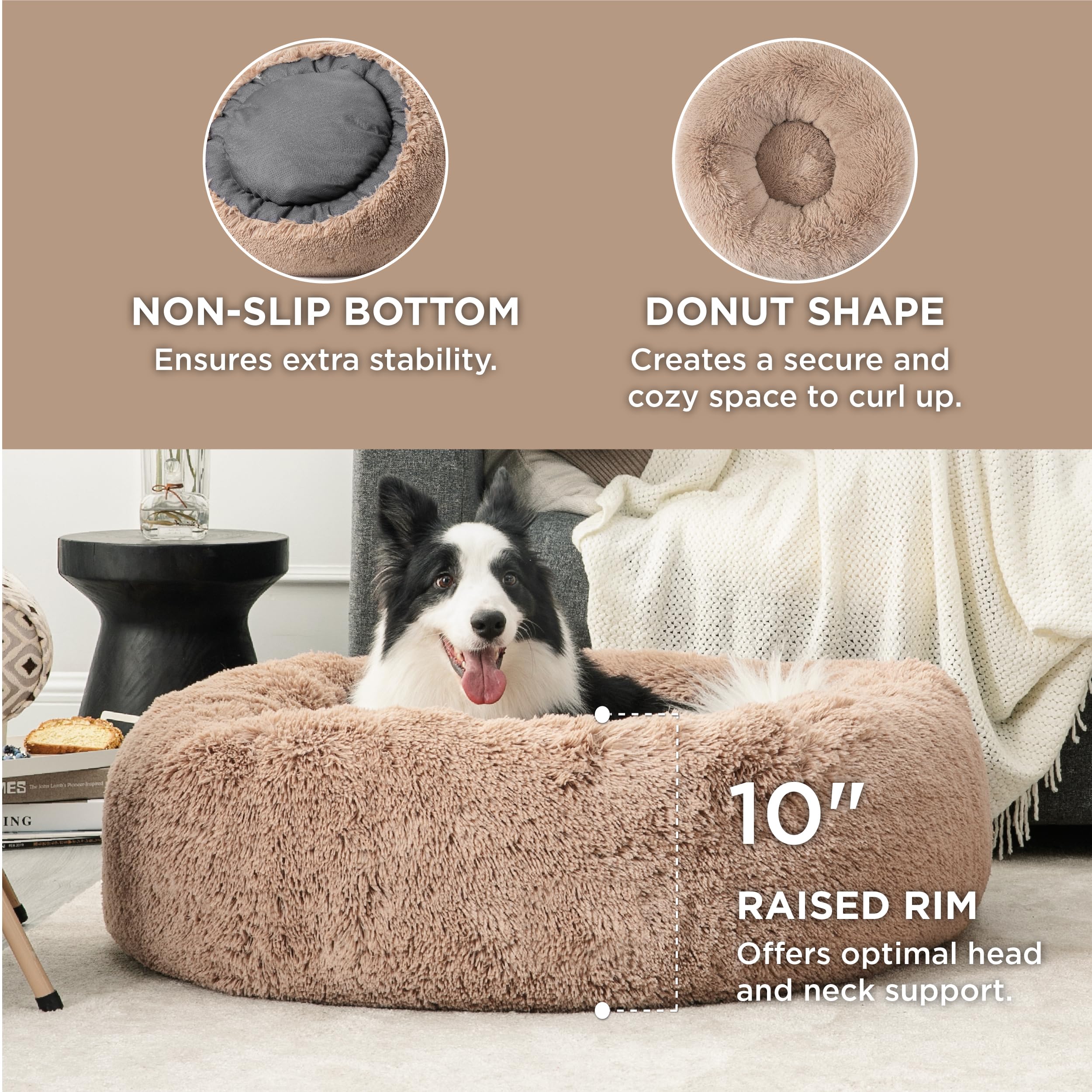 Bedsure Calming Dog Bed For Large Dogs - Donut Washable Large Pet Bed, 36 Inches Anti Anxiety Round Fluffy Plush Faux Fur Dog Be
