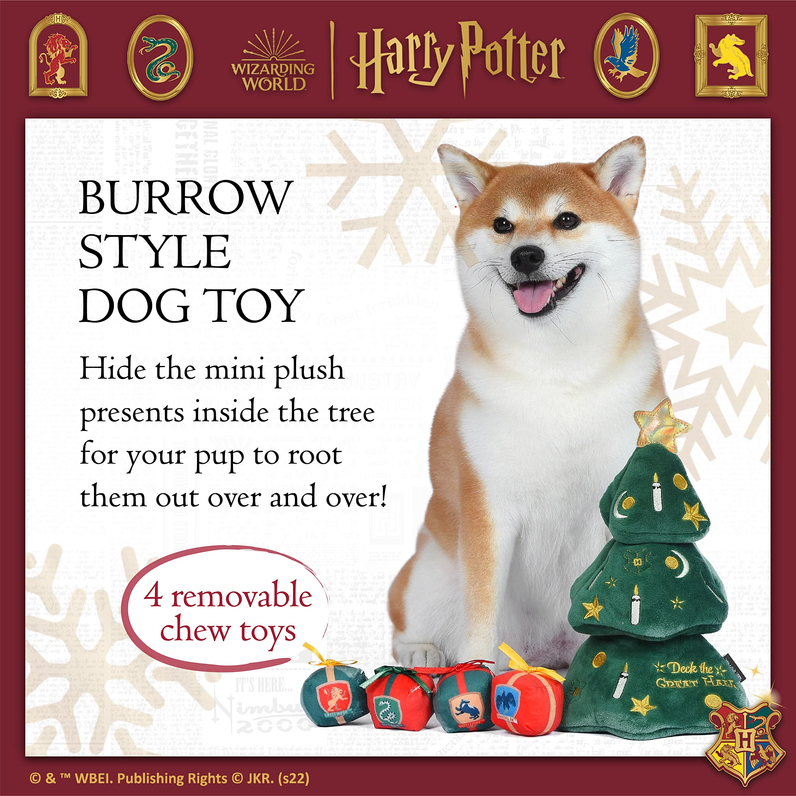Harry Potter 14" Plush Dog Toy - Holiday Tree Burrow with Squeaker, Soft Fabric, House Presents