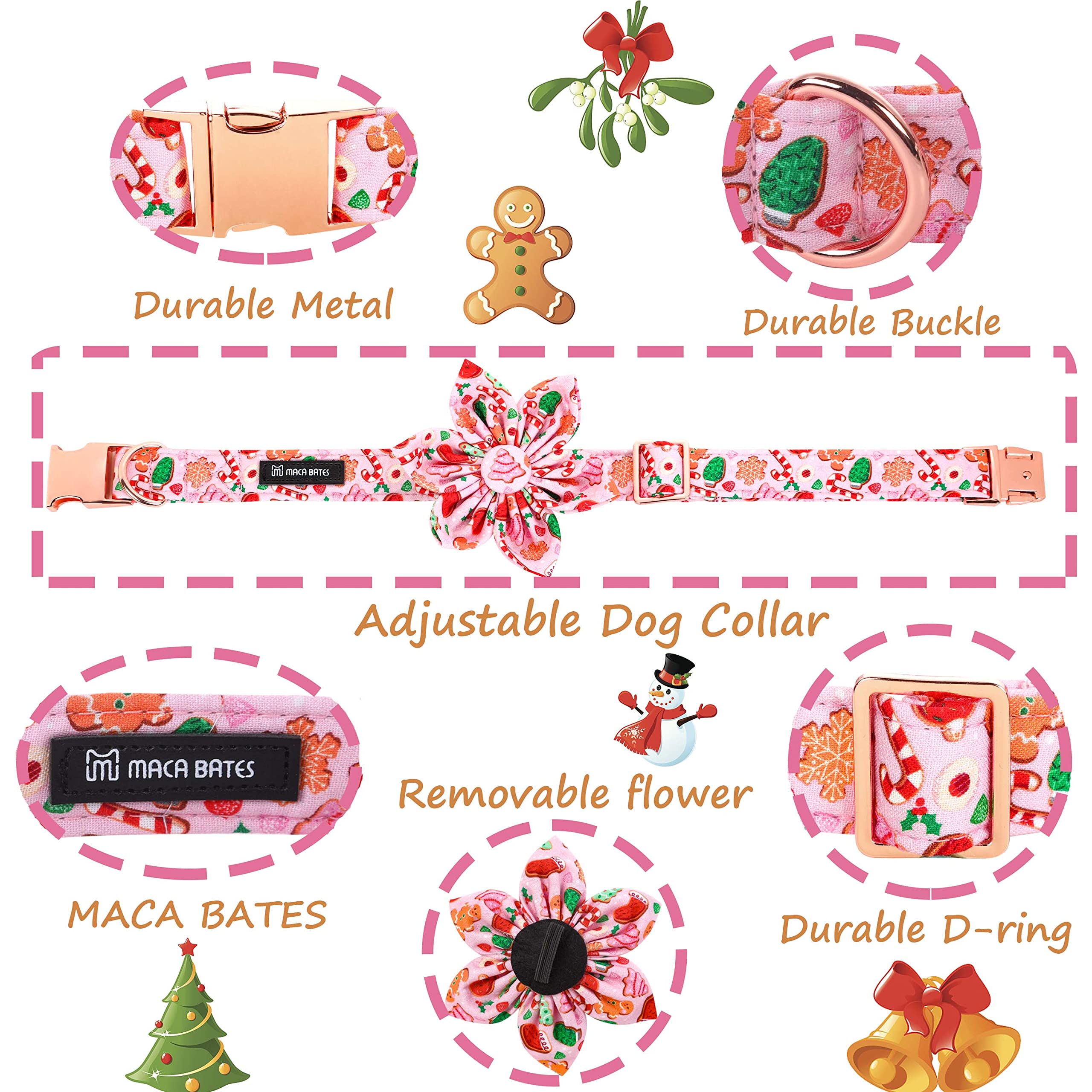 Maca Bates Christmas Pink Dog Collar with Floral Bow Tie for Large Girl Boy Dogs,Cute Gingerbread,Tree Pattern, Breakaway Adjust