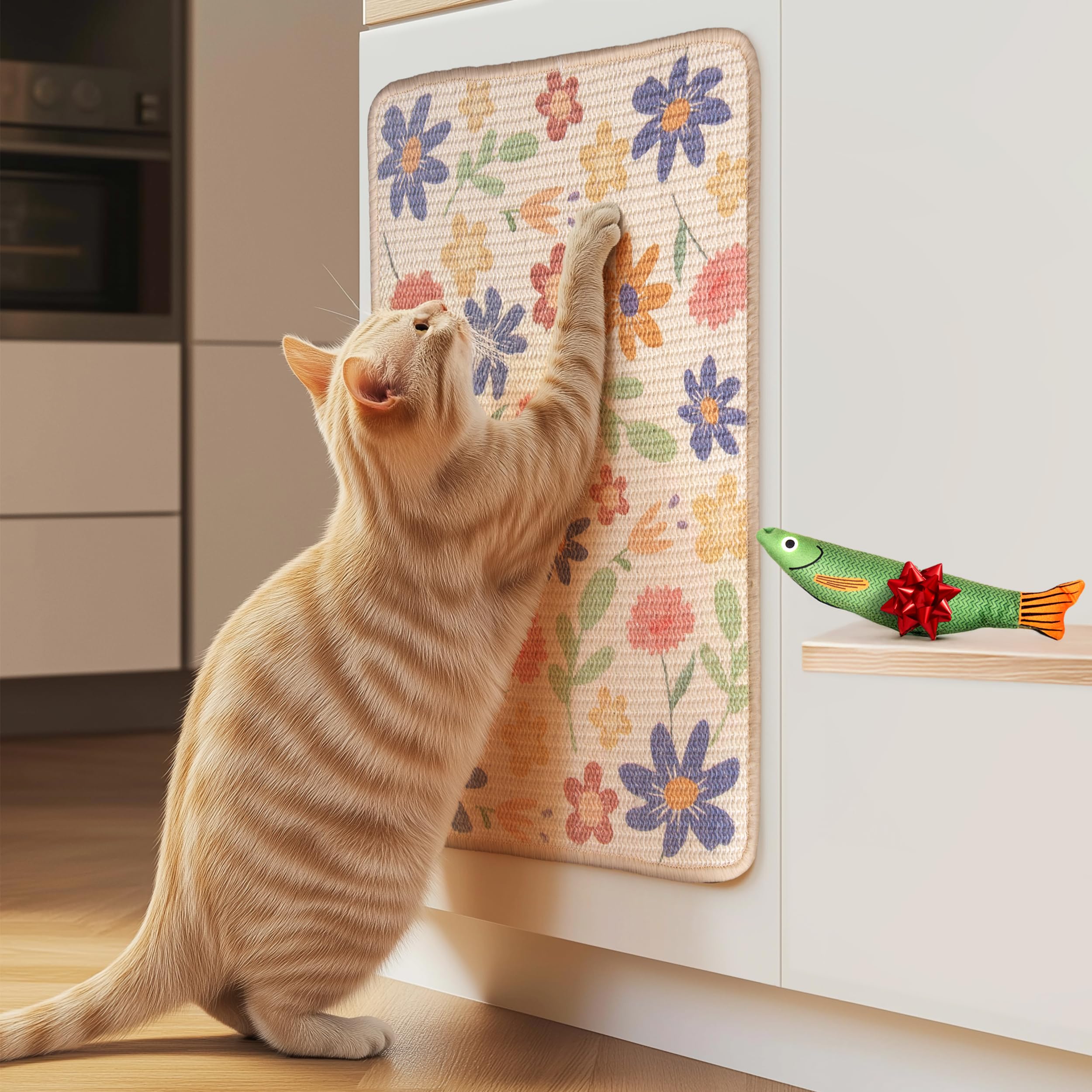 Evomotive Scratchable Sisal Cat Scratcher, [+ Catnip Fish Toy], Wall Scratcher, Couch Protector, Scratching Mat- 24 X 15.8 With 