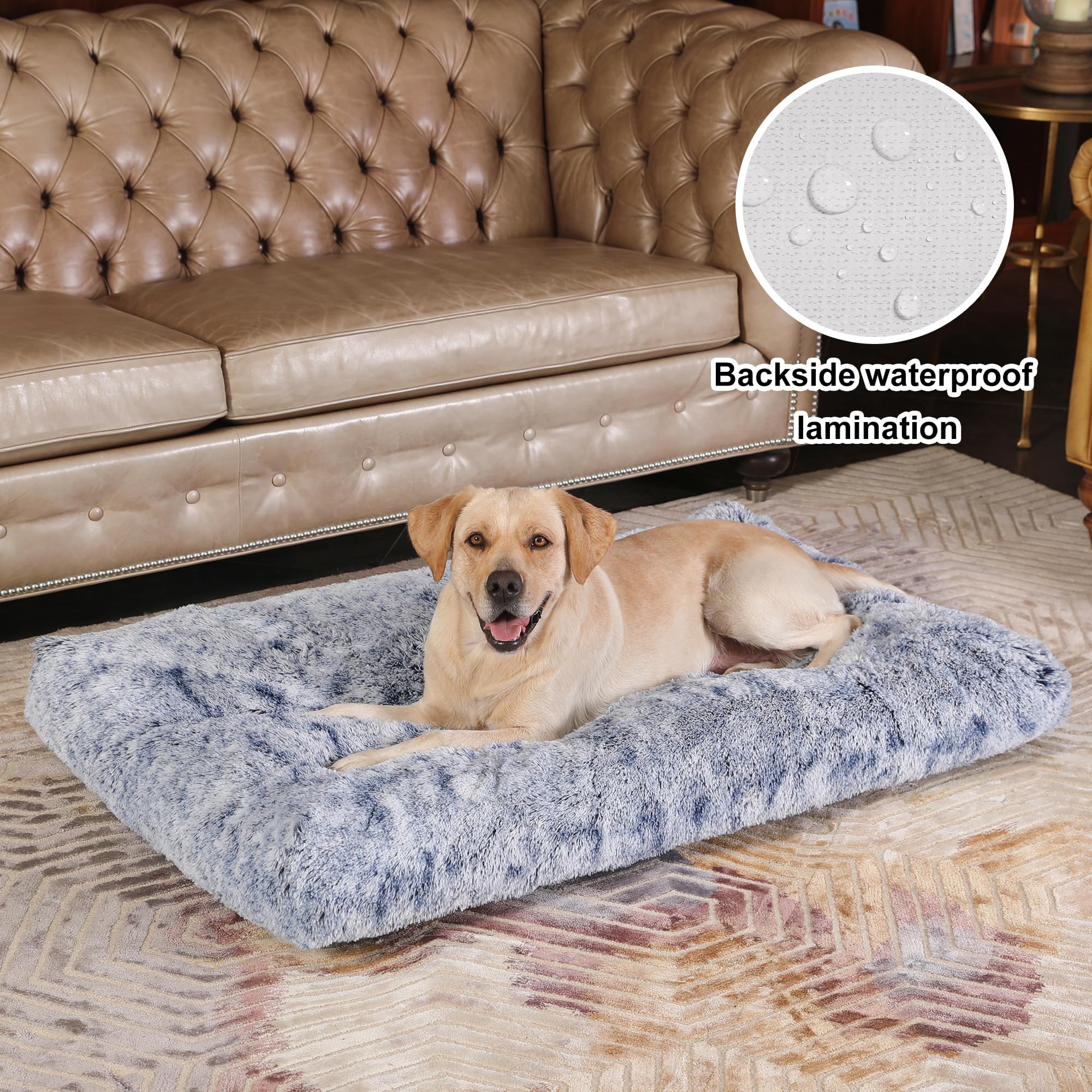 Bedfolks Plush Waterproof Dog Crate Bed, Removable Washable Cover, Faux Fur, 41''X27'', Dark Blue