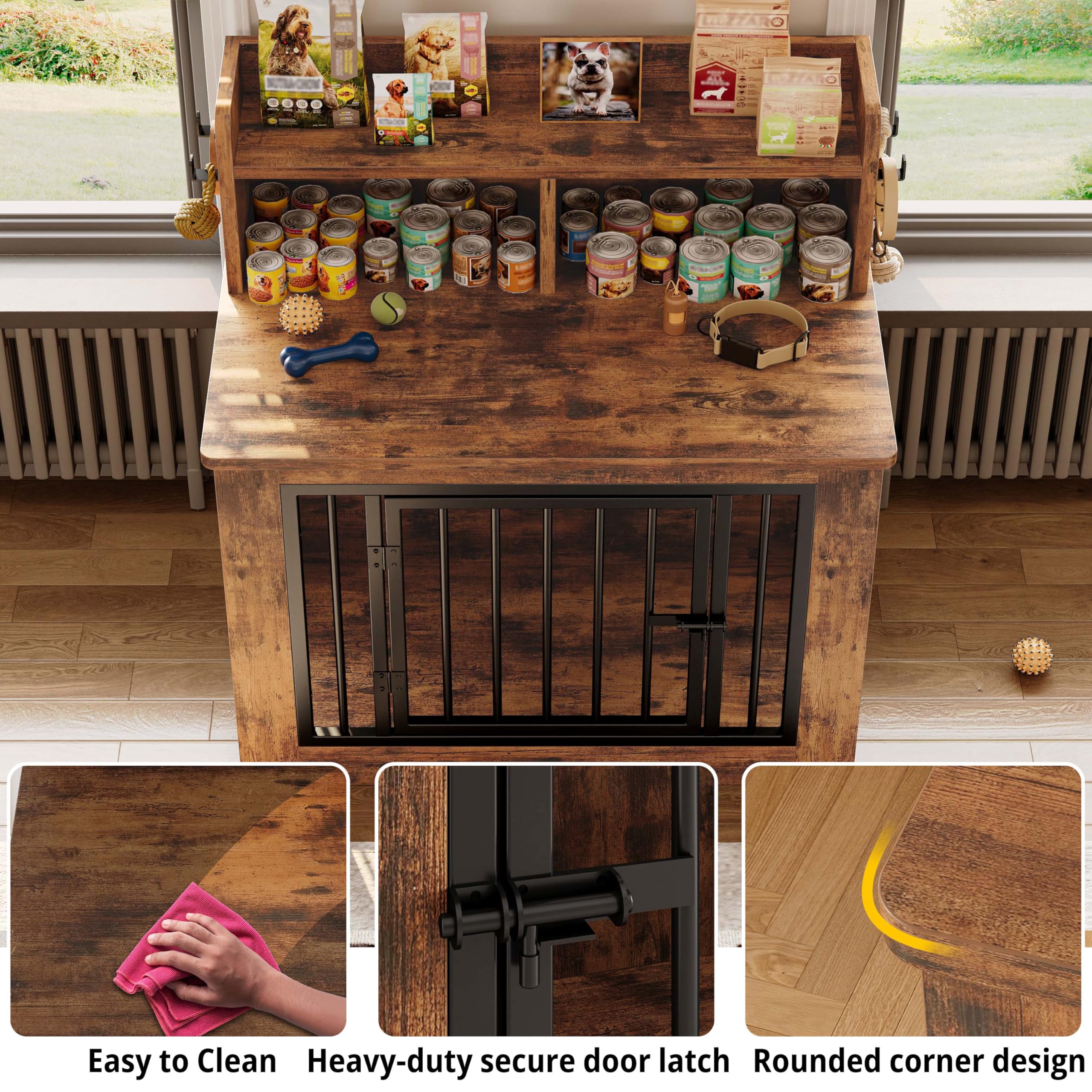 IRONCK Wooden Dog Crate Furniture with Storage, Heavy Duty Pet Cage for Small Dogs, 33.4" L x 19.3" W x 37.4" H, Brown,