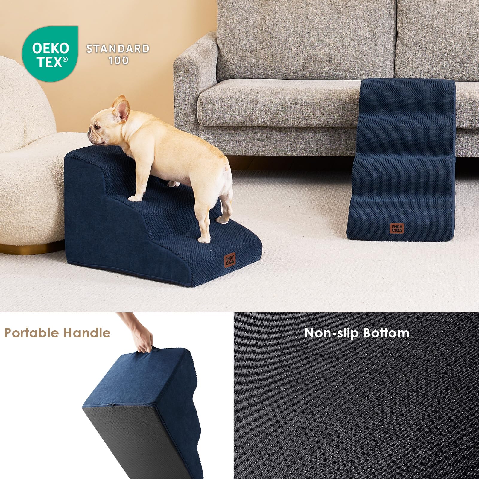 Eheyciga Curved Dog Stairs Ramp For Small Dogs 15.7' H, 3-Step Dog Steps For Couch Sofa And Chair, Pet Stairs For Cats, Non-Slip Balanced Pet Steps Indoor, Navy