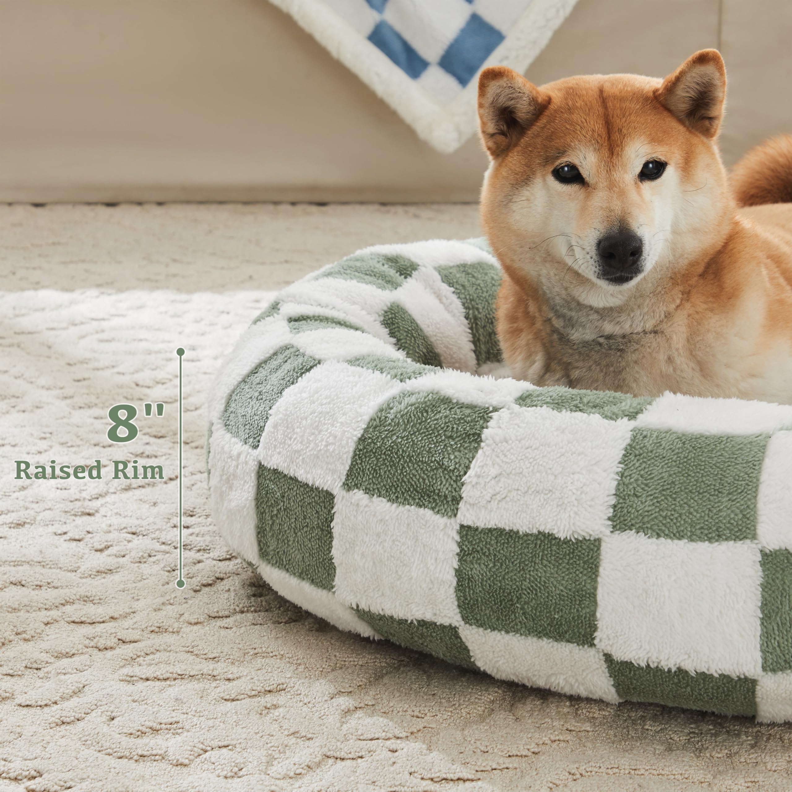 Ohocut Checkered Cat Dog Bed, Cute Sage Green Retro Style Aesthetic Round Warming Pet Calming Beds For Small Dog And Cats, Plush
