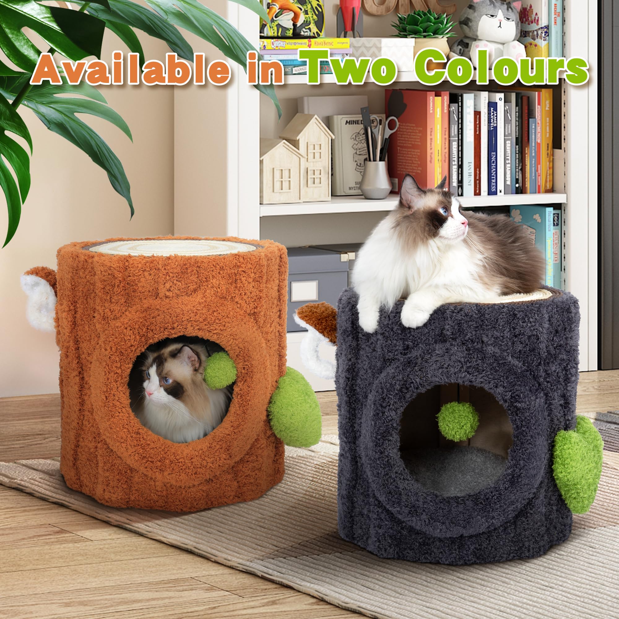 Nunu Cat House With Scratch Table & Soft Cushion, Luxury Wood Cat Condo With Scratching Post, Cat House With Hanging Ball Toy Fo