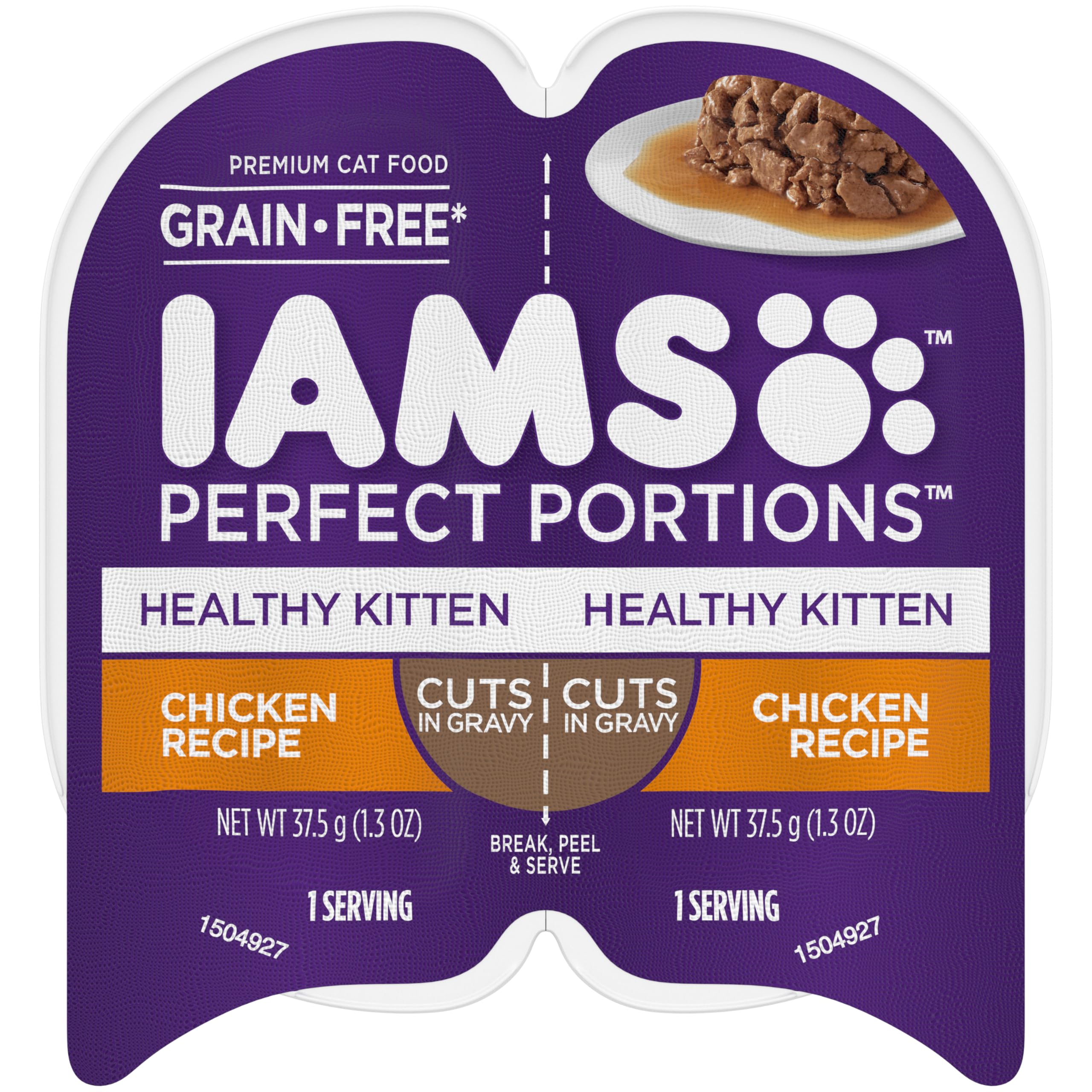 IAMS Perfect Portions Healthy Kitten Wet Cat Food Cuts in Gravy Chicken Recipe, 2.6 oz. Easy Peel Twin-Pack Trays (24 Count, 48 