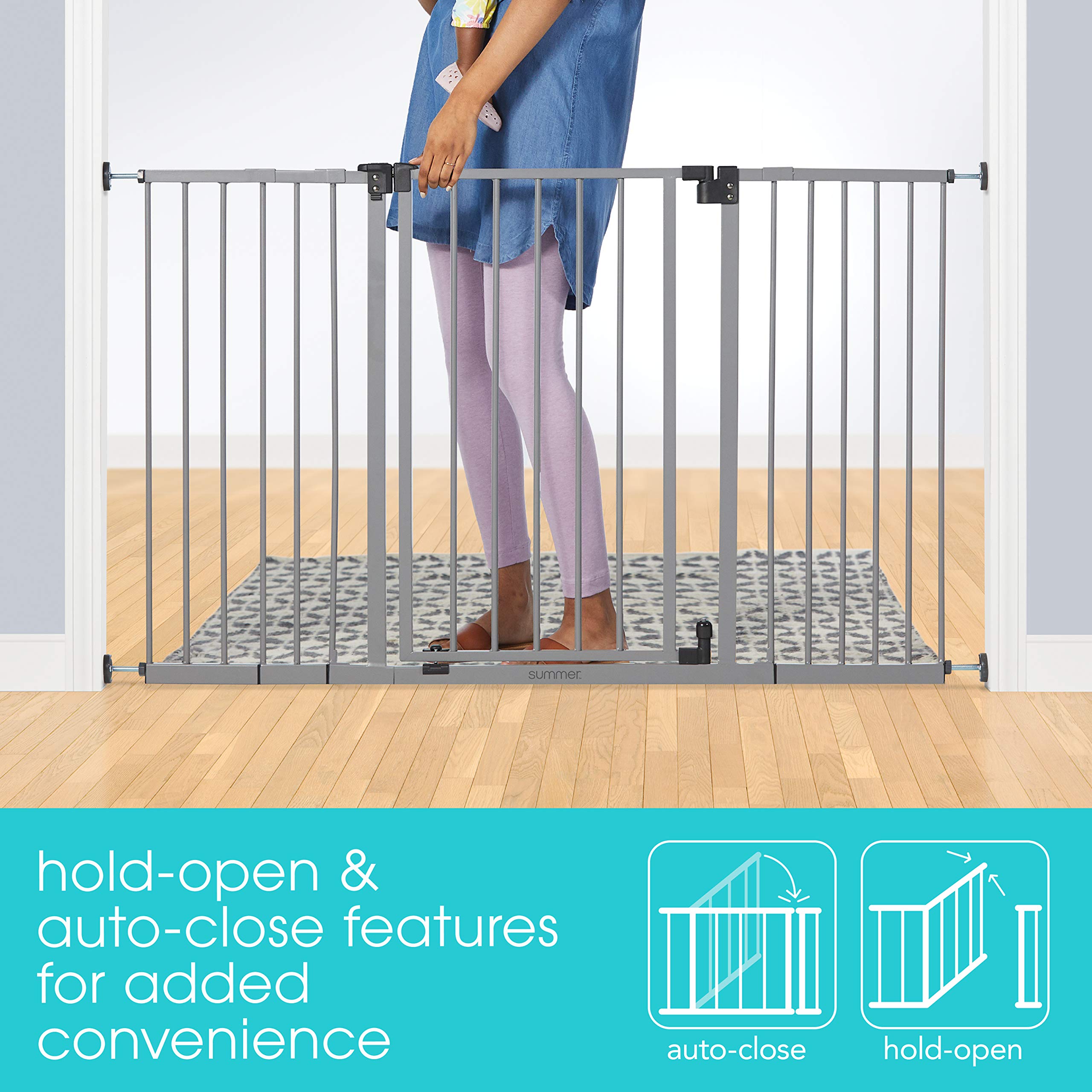 Summer Infant Secure Space Extra-Wide Pet And Baby Gate, 28.5' - 52' Wide, 30' Tall, Pressure Or Hardware Mounted, Install In-Between Rooms, Doorways And Stairways, Auto-Close & Hold-Open Door - Grey