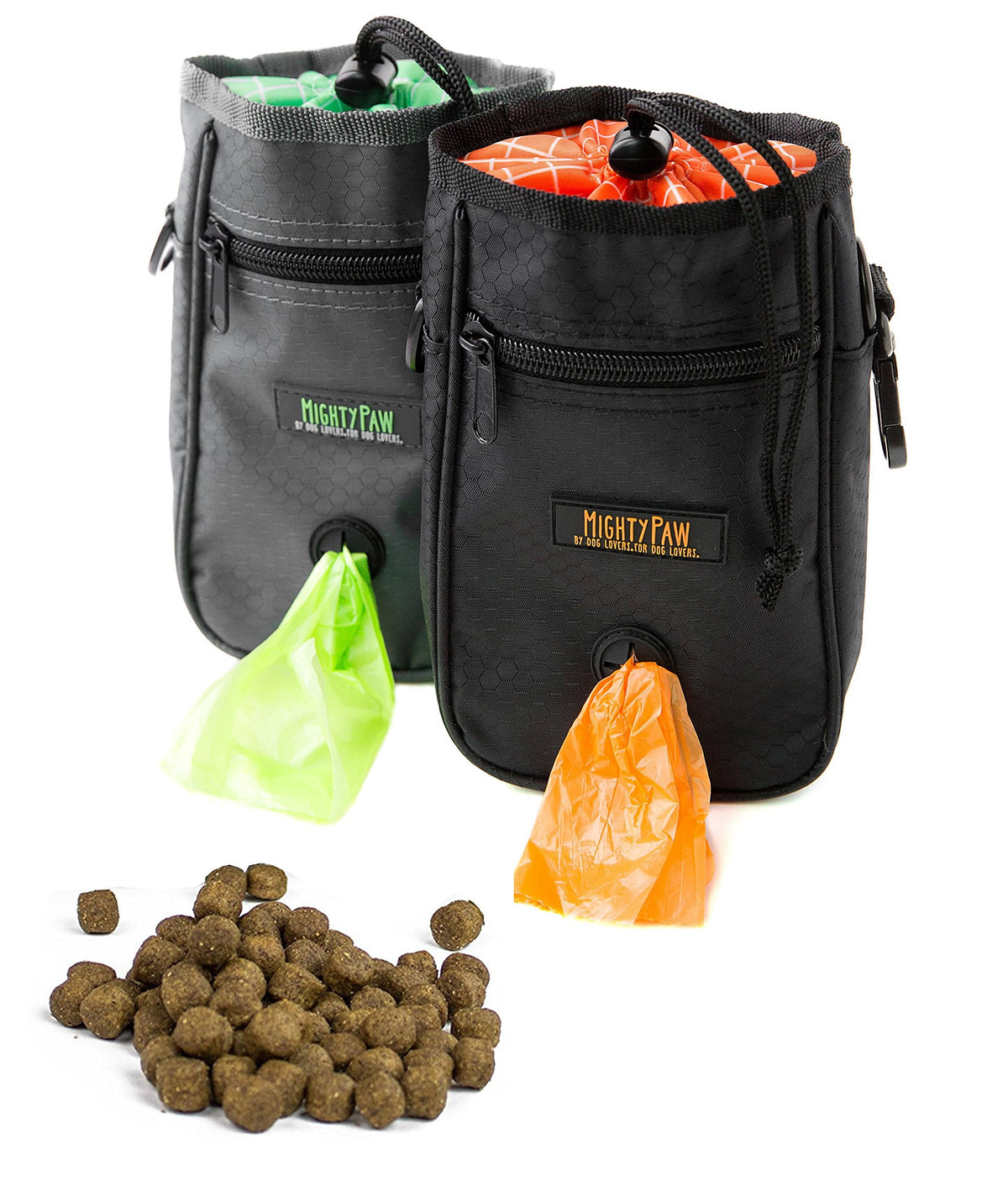 Mighty Paw Dog Treat Bag - Drawstring Closure Pouch - Includes Carabiner Hook And Pick-Up Bags - Dog Paw Treat Bag - Pet Training Pouch - (Grey/Green)