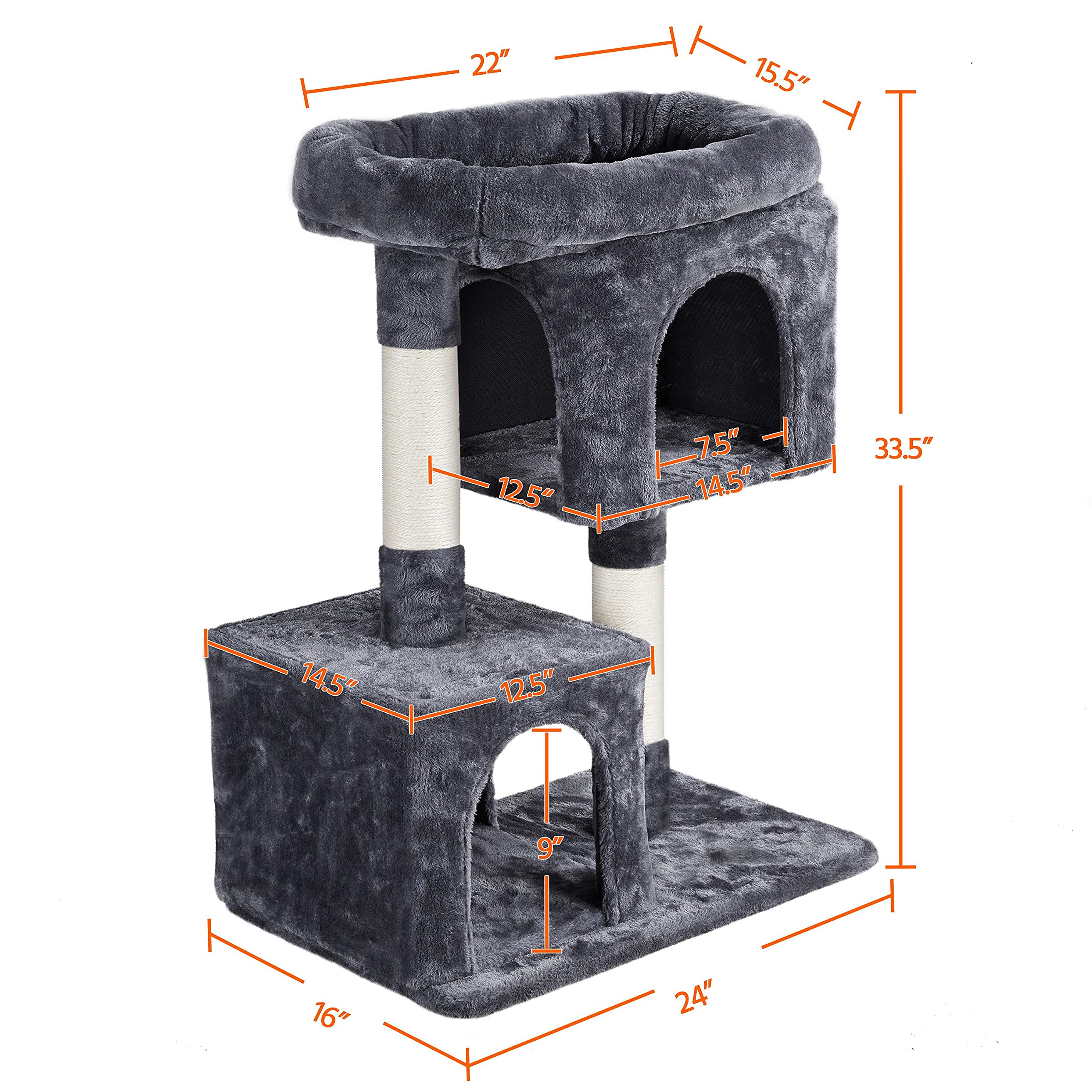 Yaheetech 33.5In Cat Tree Tower For Indoor Cats W/2 Cozy Plush Condos, Oversized Perch & Sisal Scratching Posts, Stable Cat Stand House For Large Cats & Pets