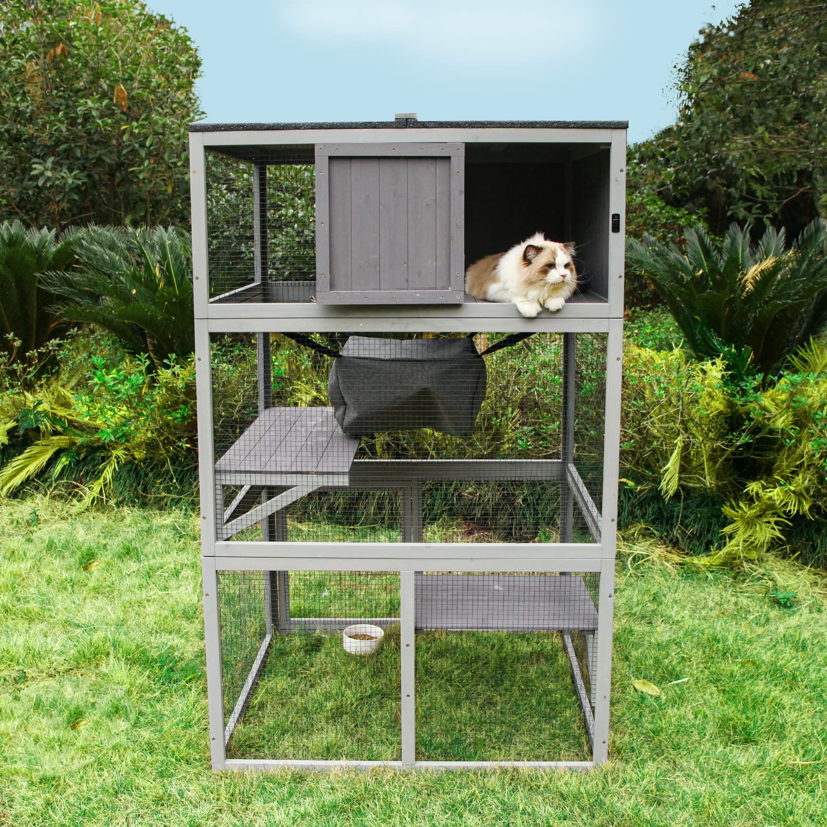 X-Zone Pet Catio Wooden Cat House, Outdoor 3 Floors Cat Enclosure, Indoor Large Kitten Playpen With Hammock & Resting Box, Cat Cage Waterproof Roof