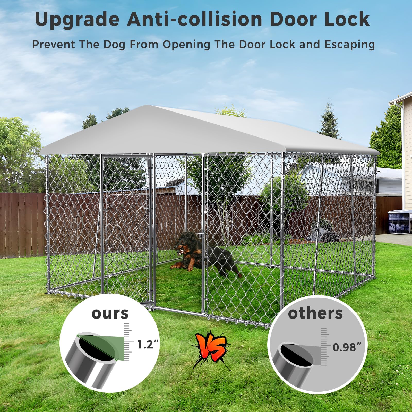 Lyromix Upgraded 10  10  7Ft Outdoor Dog Kennel With Roof, Large Dog House Pen Enclosure With Sidebar, Heavy Duty Chain Link Ken